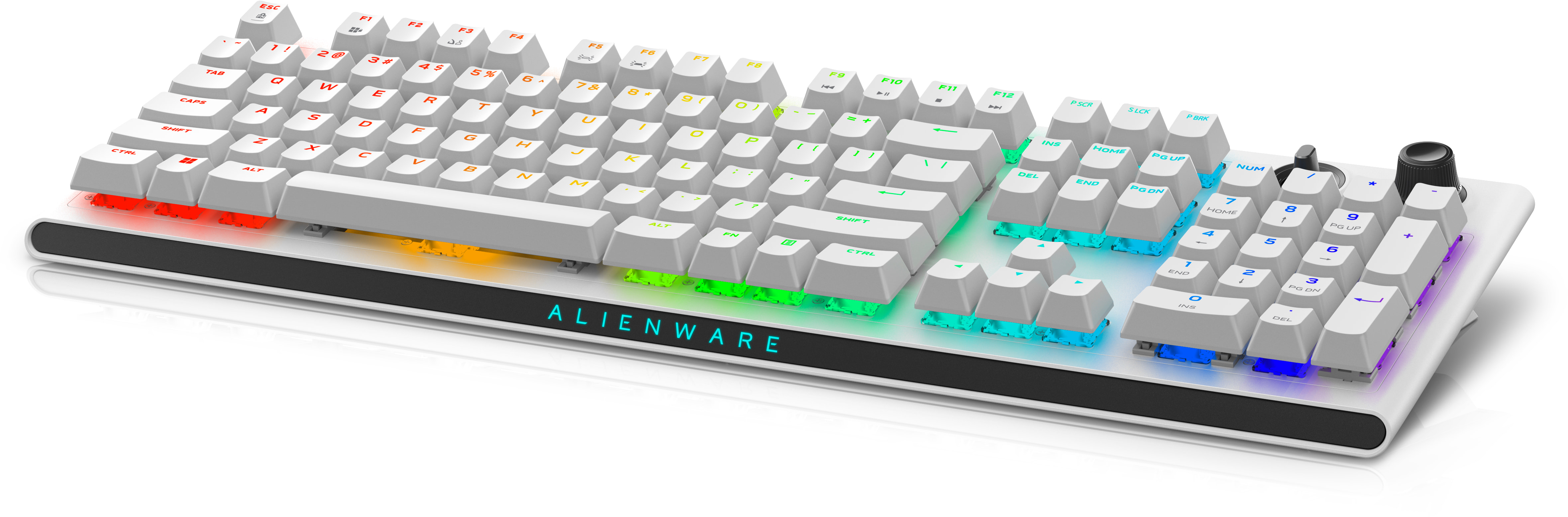 Biała klawiatura Alienware z podświetleniem RGB. Klawisze są białe, z czarną podstawą i logo.