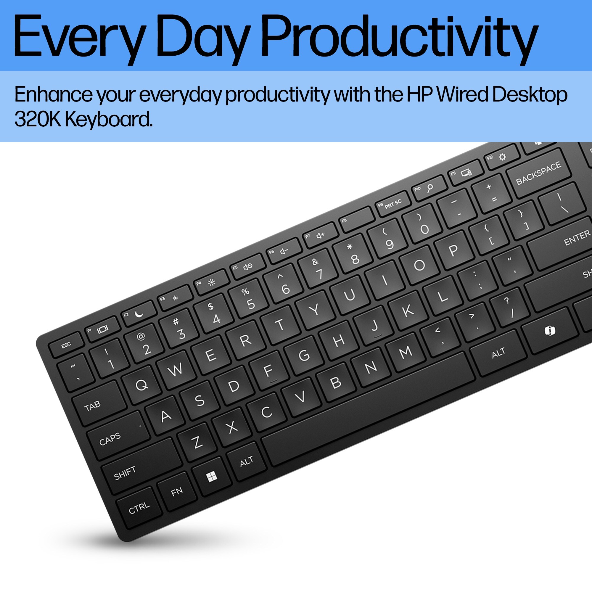 Zwart toetsenbord met witte toetsen en tekst die luidt 'Every Day Productivity' en 'HP Wired Keyboard'.