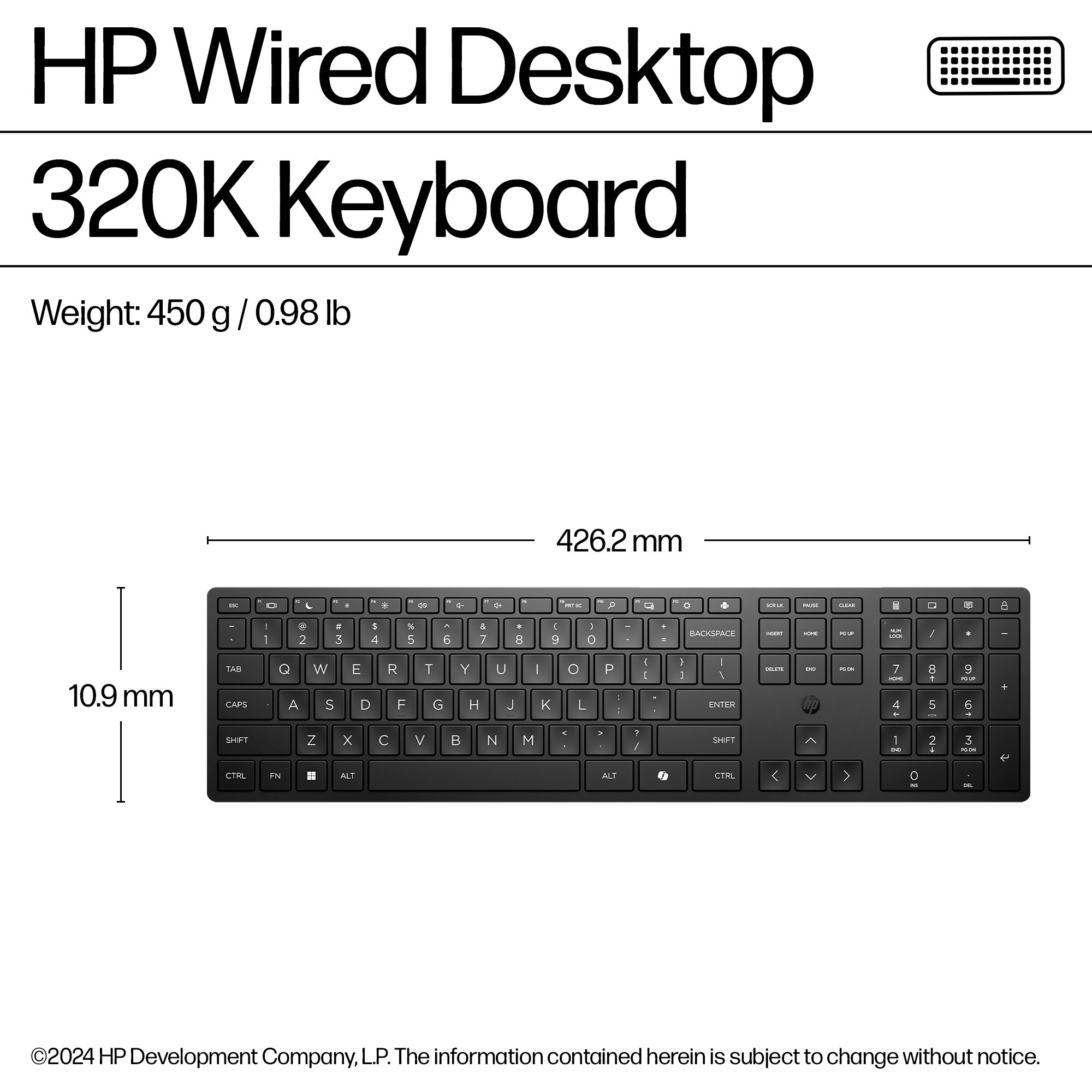 Zwart HP 320K toetsenbord, afmetingen en gewicht weergegeven op witte achtergrond.