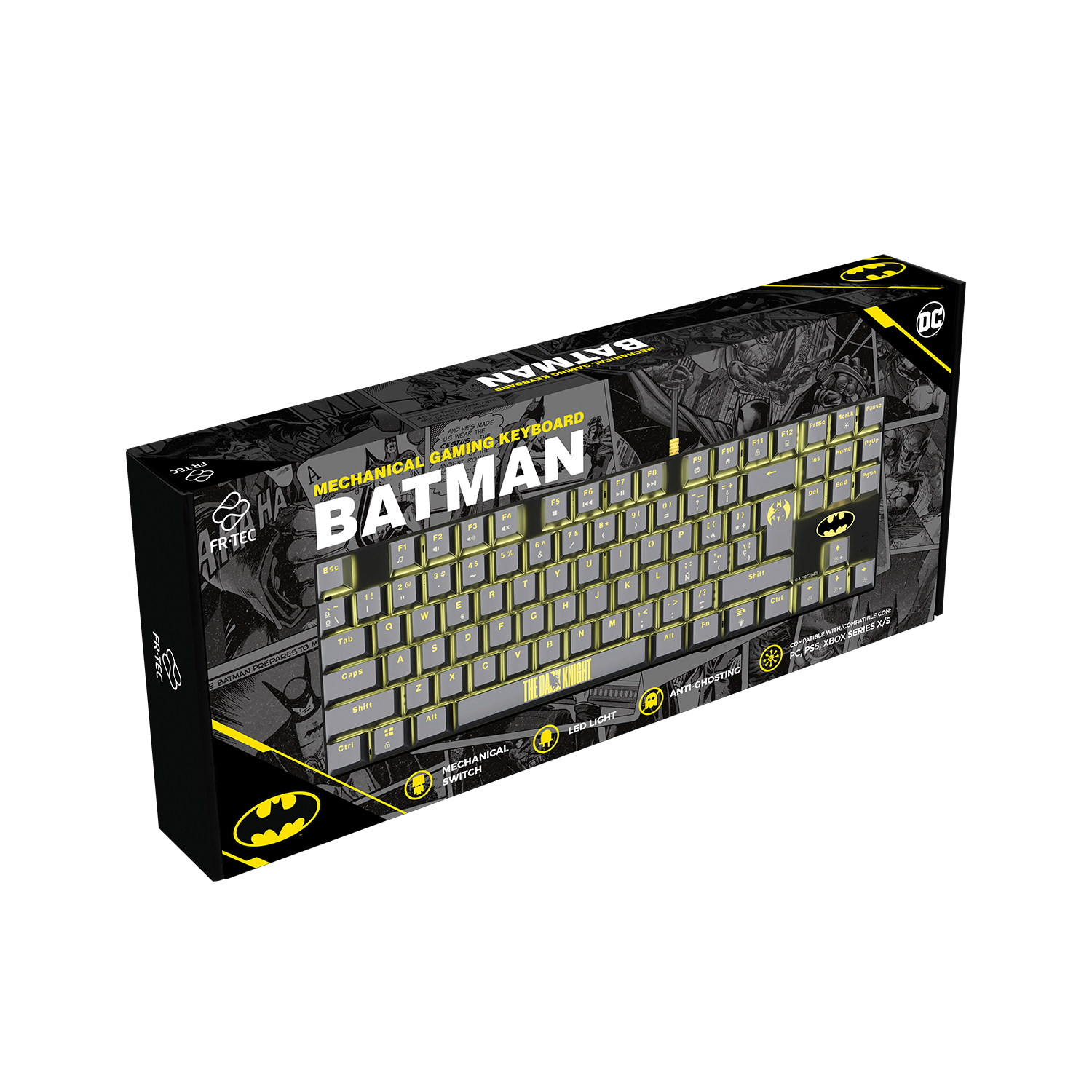 Mechaniczna klawiatura do gier Batman w pudełku z grafiką Batmana. Pudełko jest czarno-żółte.