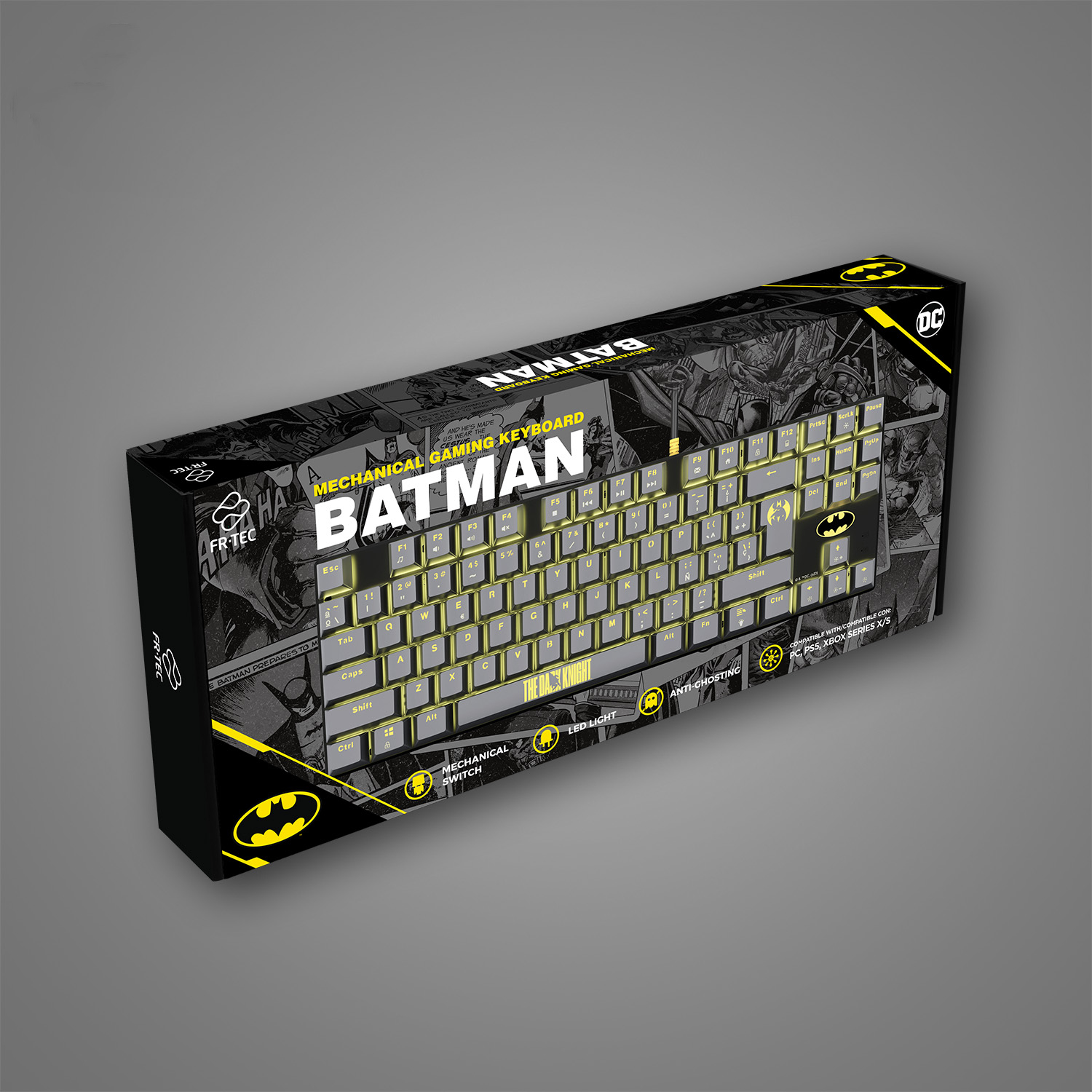 Mechaniczna klawiatura do gier Batman w pudełku z grafiką i logo DC.