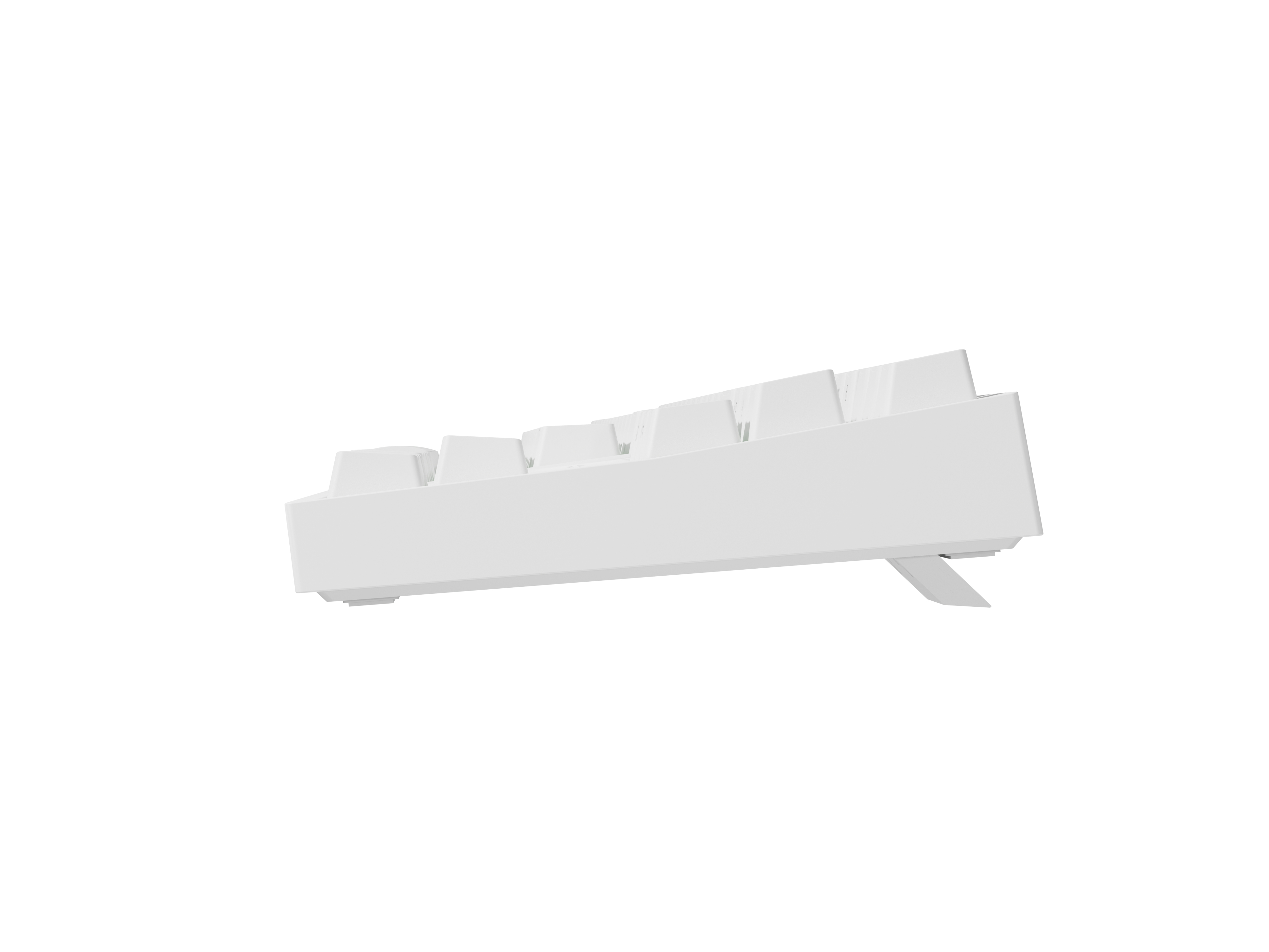 Vue latérale du clavier blanc. Petits pieds visibles. Isolé sur blanc.