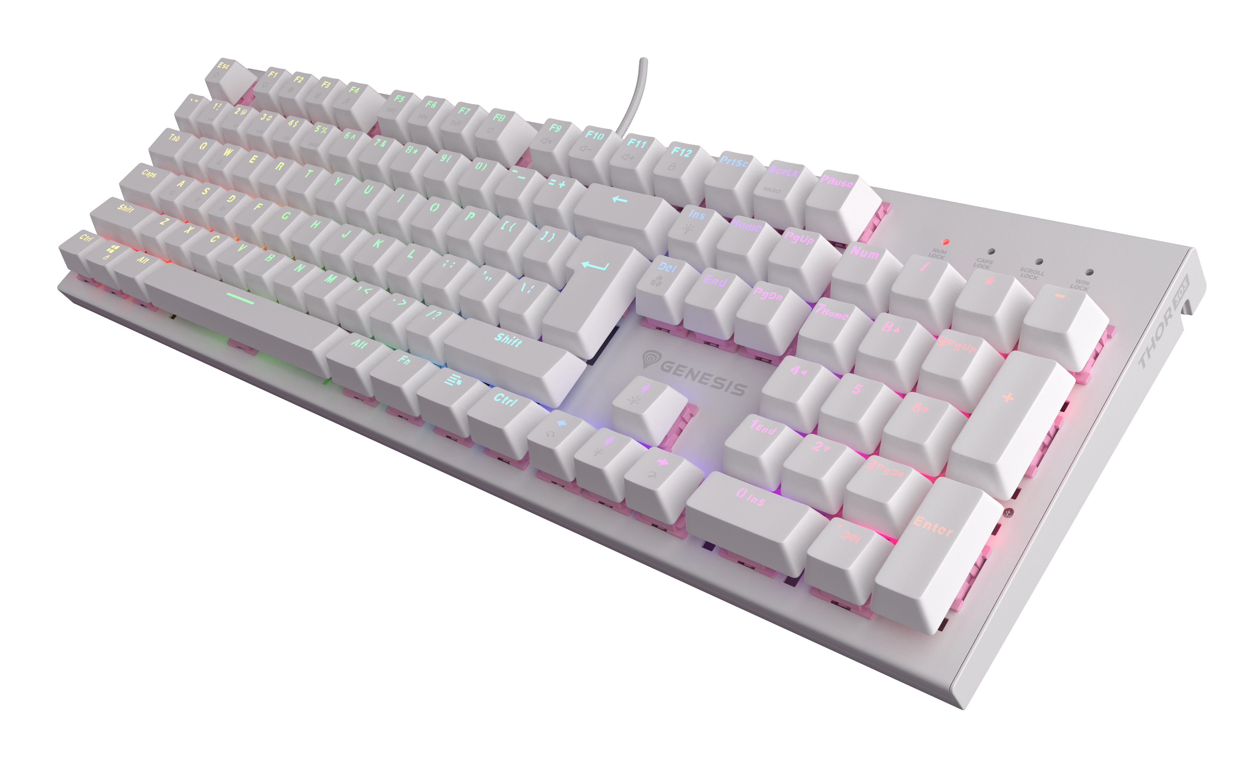 Biała klawiatura mechaniczna z tęczowymi diodami LED, z nazwą GENESIS. Widoczne białe klawisze.