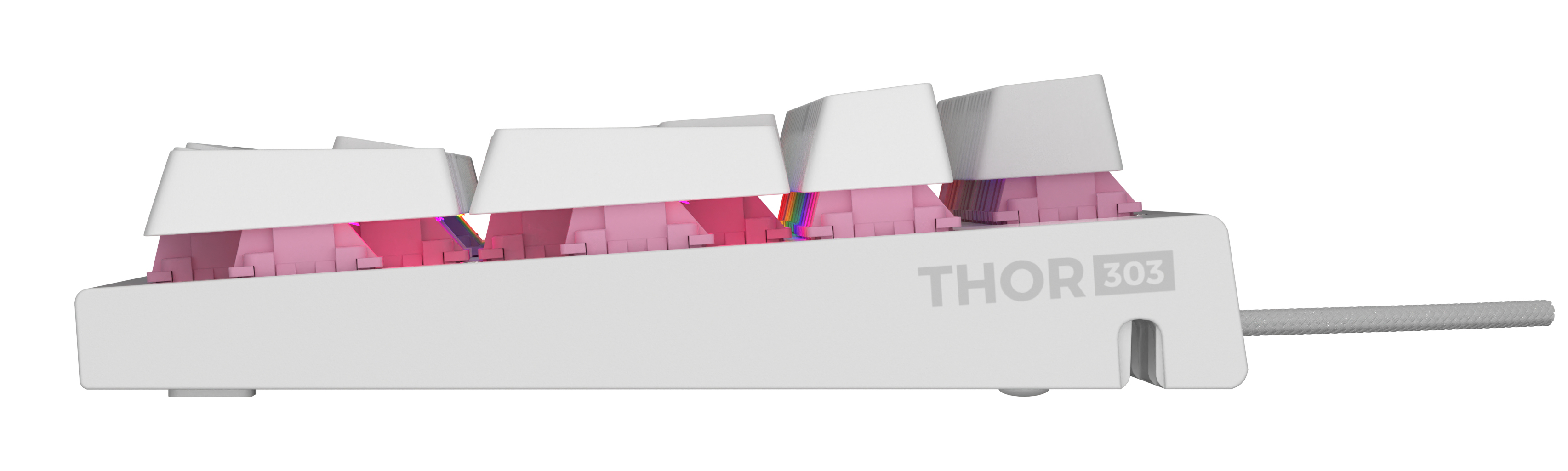 Widok z boku białej klawiatury mechanicznej z różowymi przełącznikami i tęczowymi diodami LED, z nazwą THOR 303.