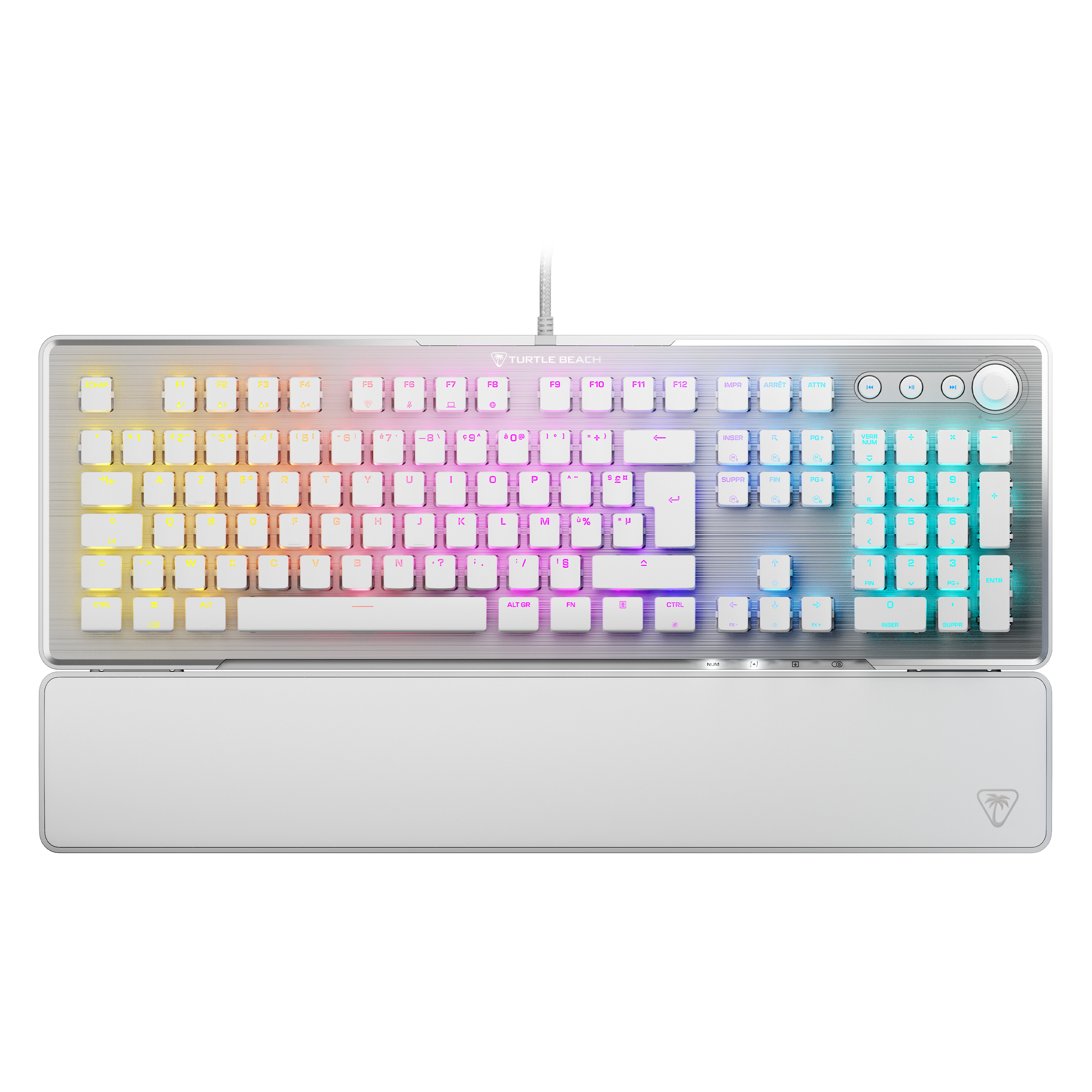 Biała klawiatura mechaniczna z tęczowymi diodami LED i podpórką pod nadgarstki. Marka to TURTLE BEACH.