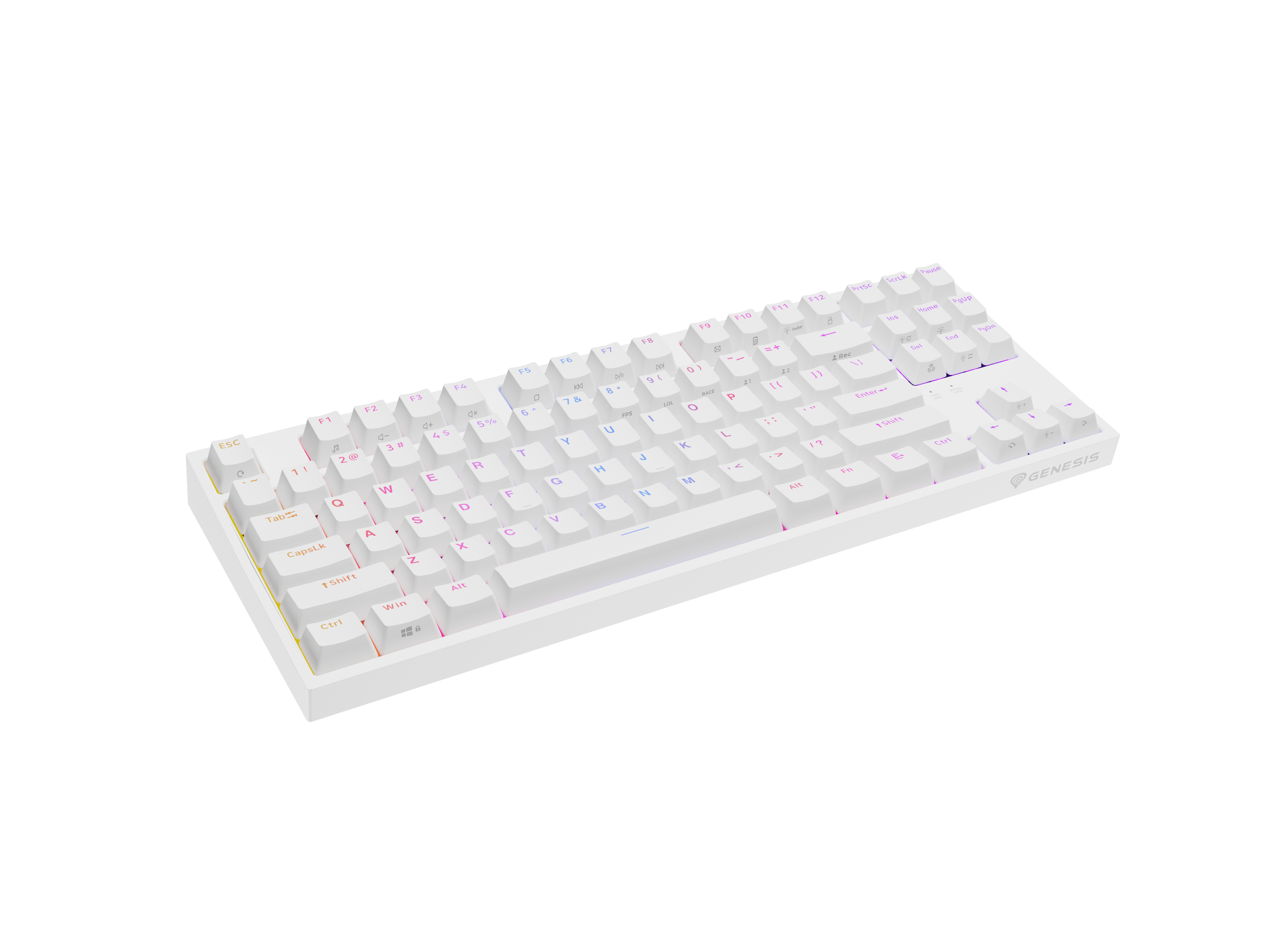 Clavier blanc avec touches éclairées, vue latérale, sur fond blanc.