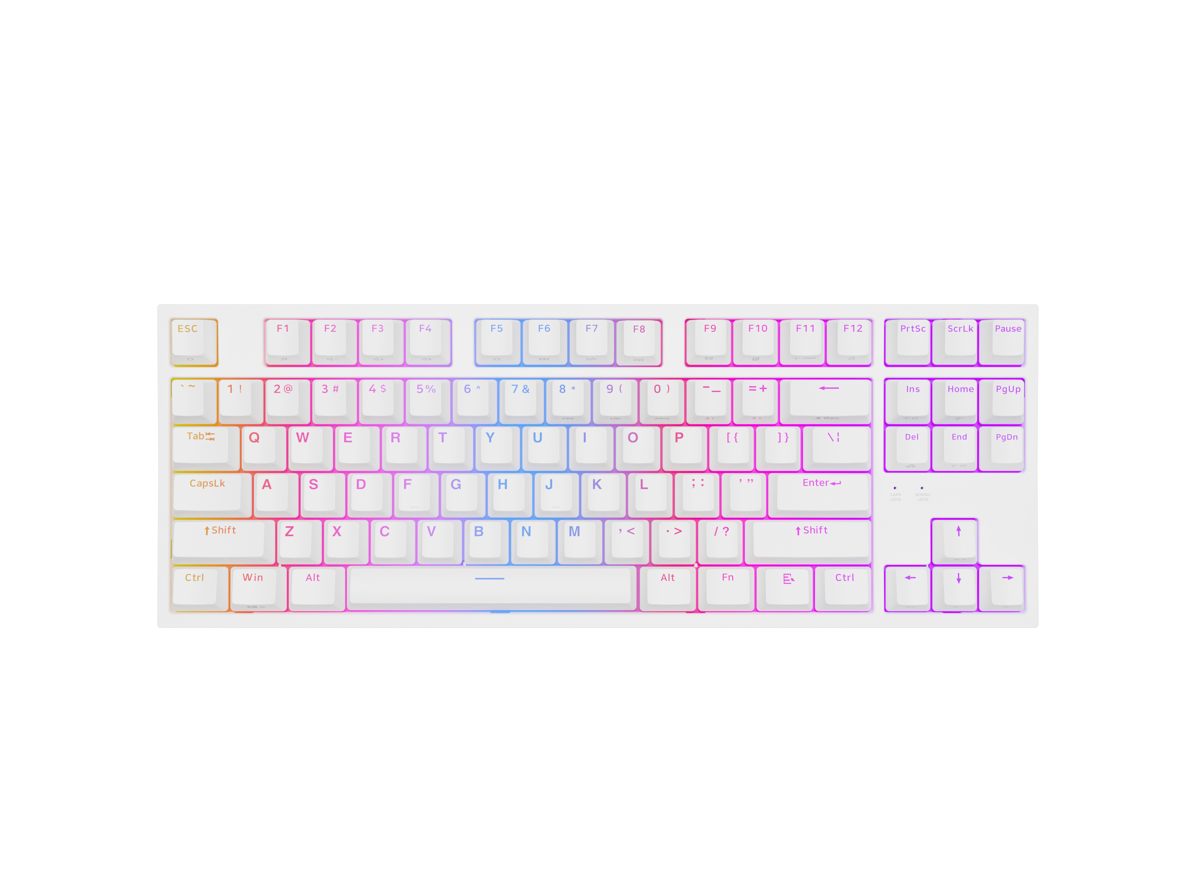 White mechanical keyboard with white keycaps and rainbow lighting. The keyboard is angled.