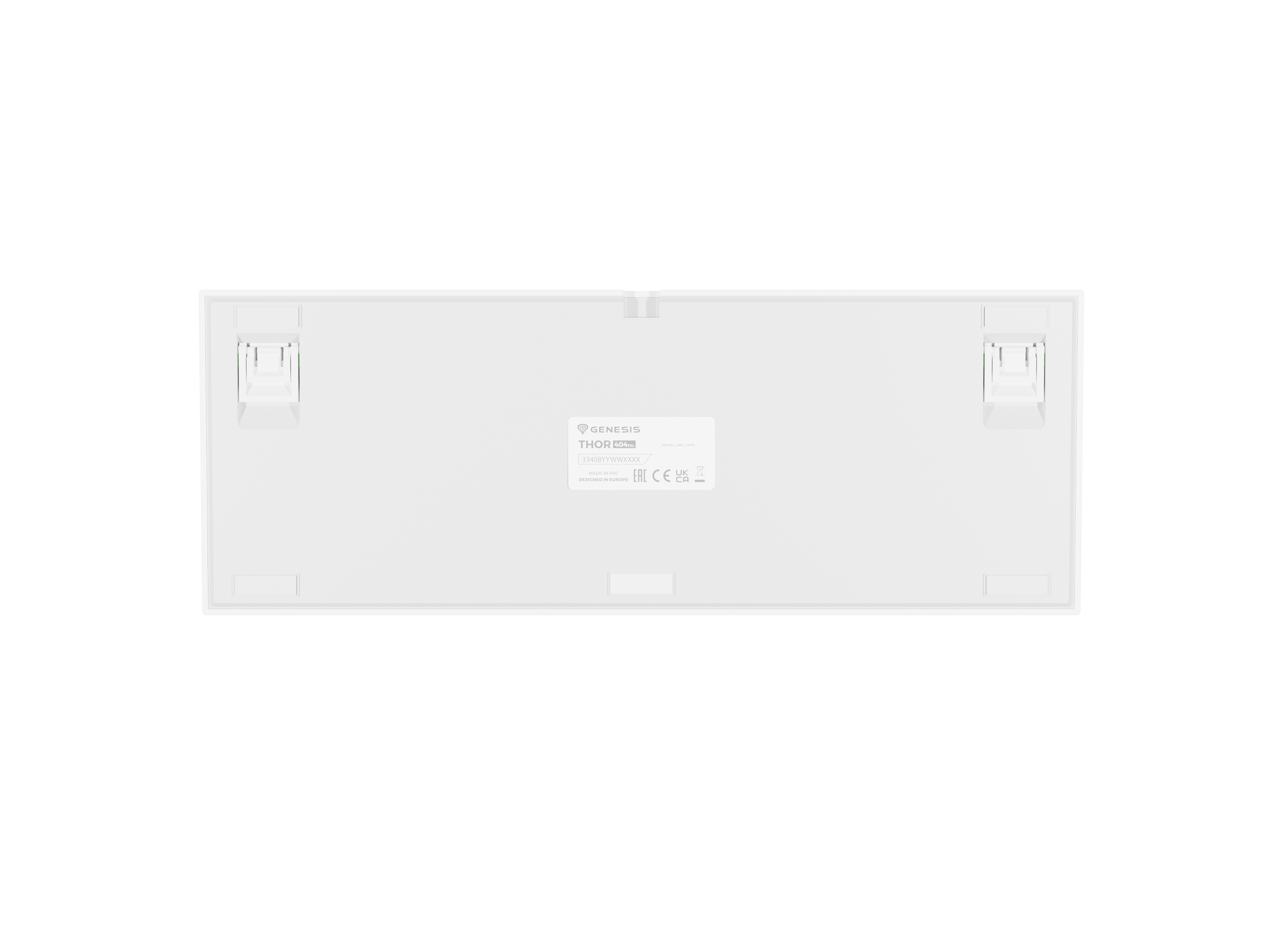 White keyboard base, bottom view, with labels and manufacturer details.