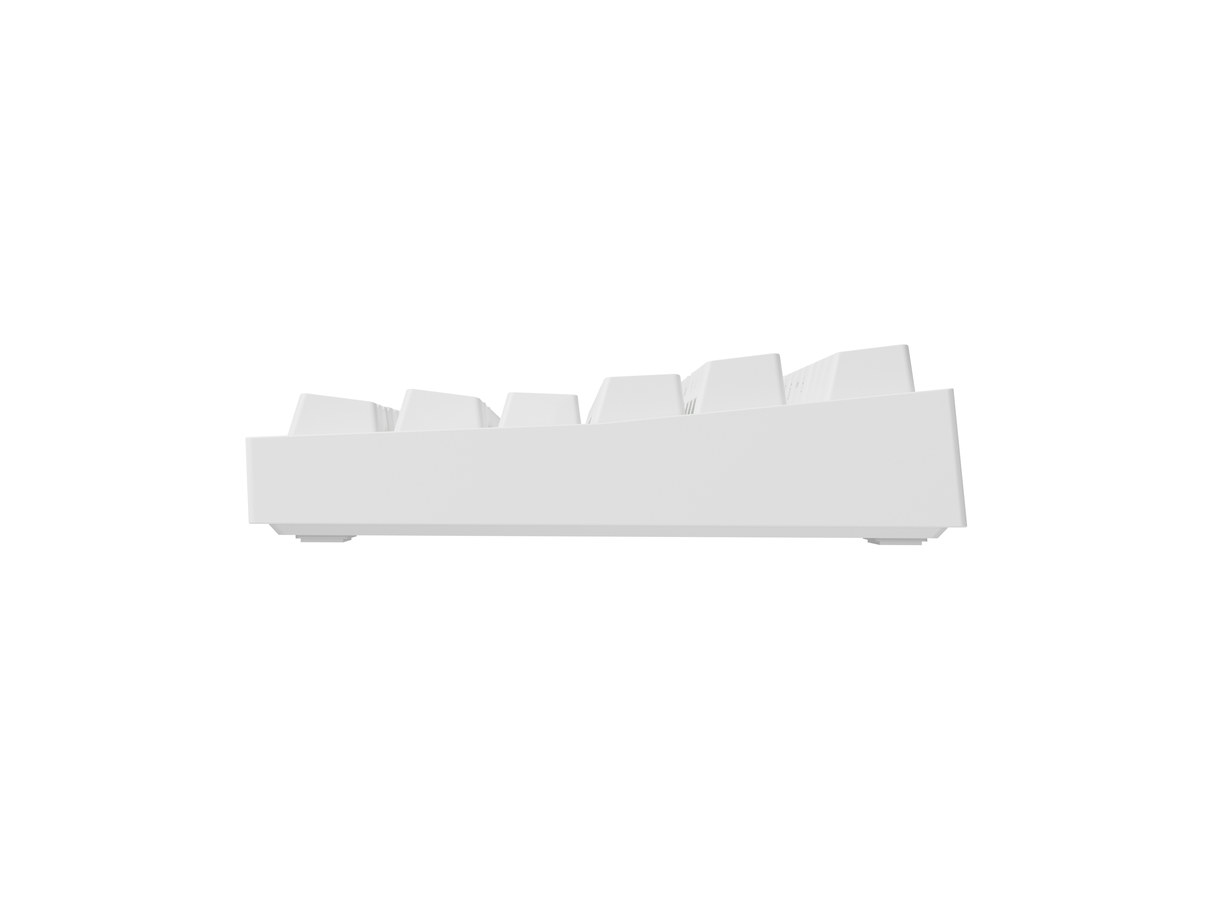 Side view of a white keyboard, showing keys and base.