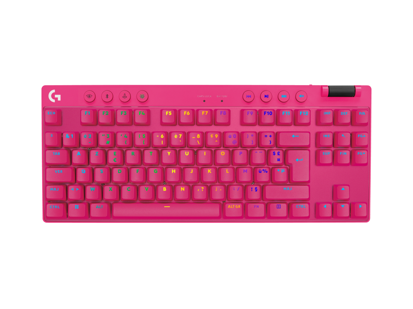 Teclado rosa con teclas rosas, vista superior.