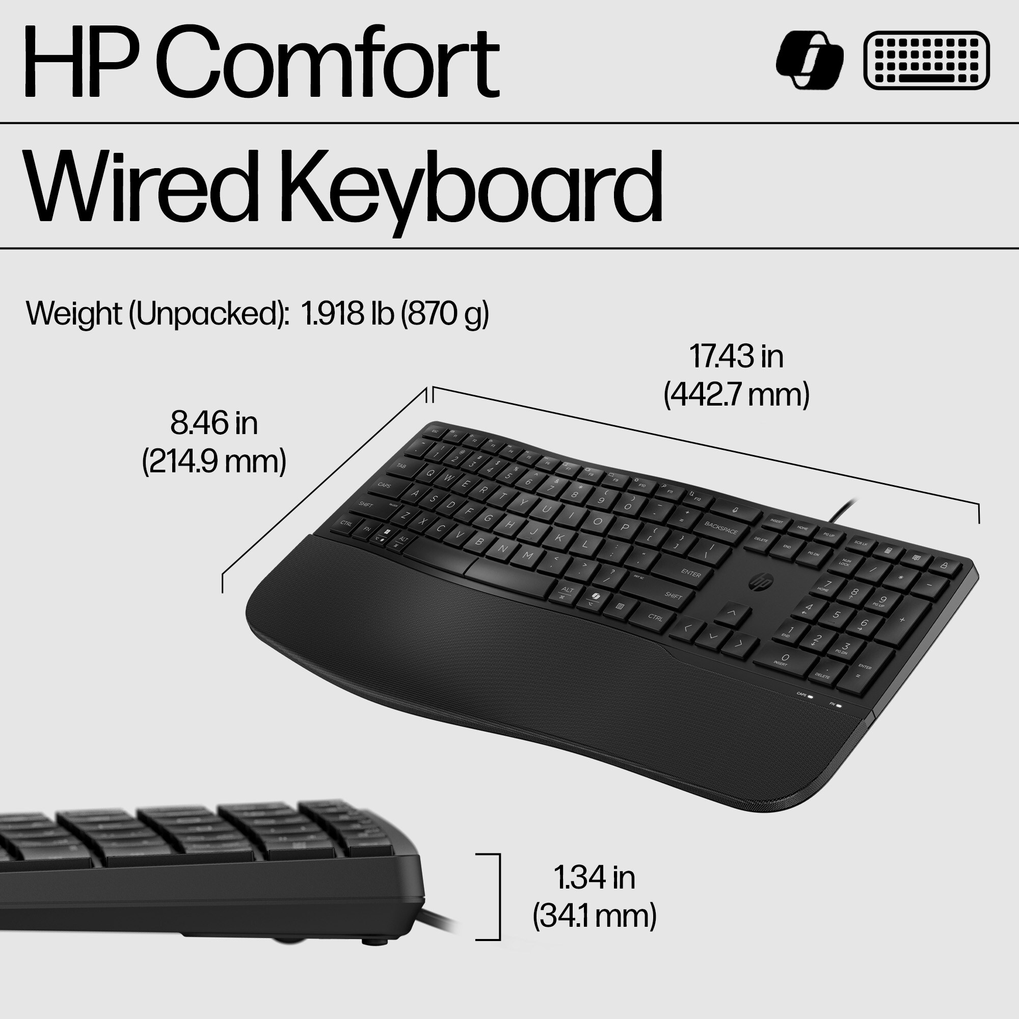 Teclado negro con reposamuñecas, dimensiones y texto: HP Comfort Wired Keyboard.