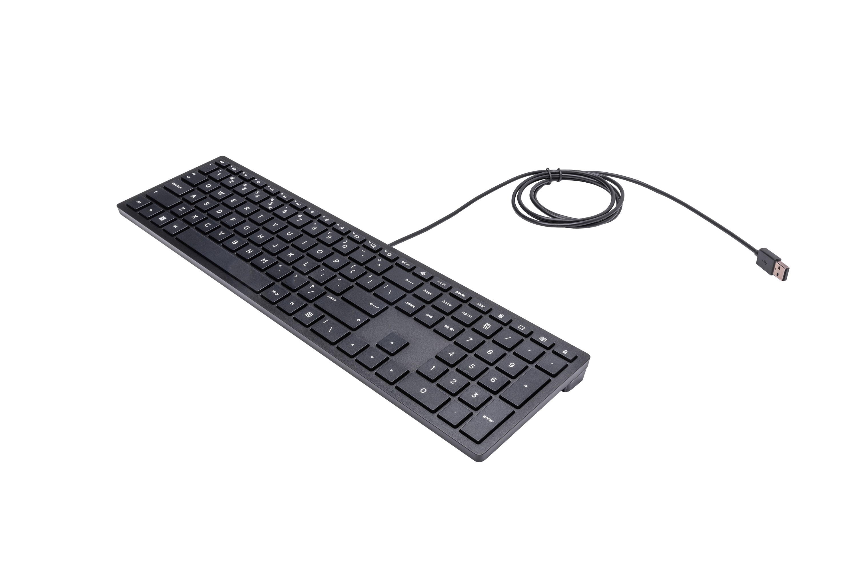 Black keyboard with a USB cable on a white background.