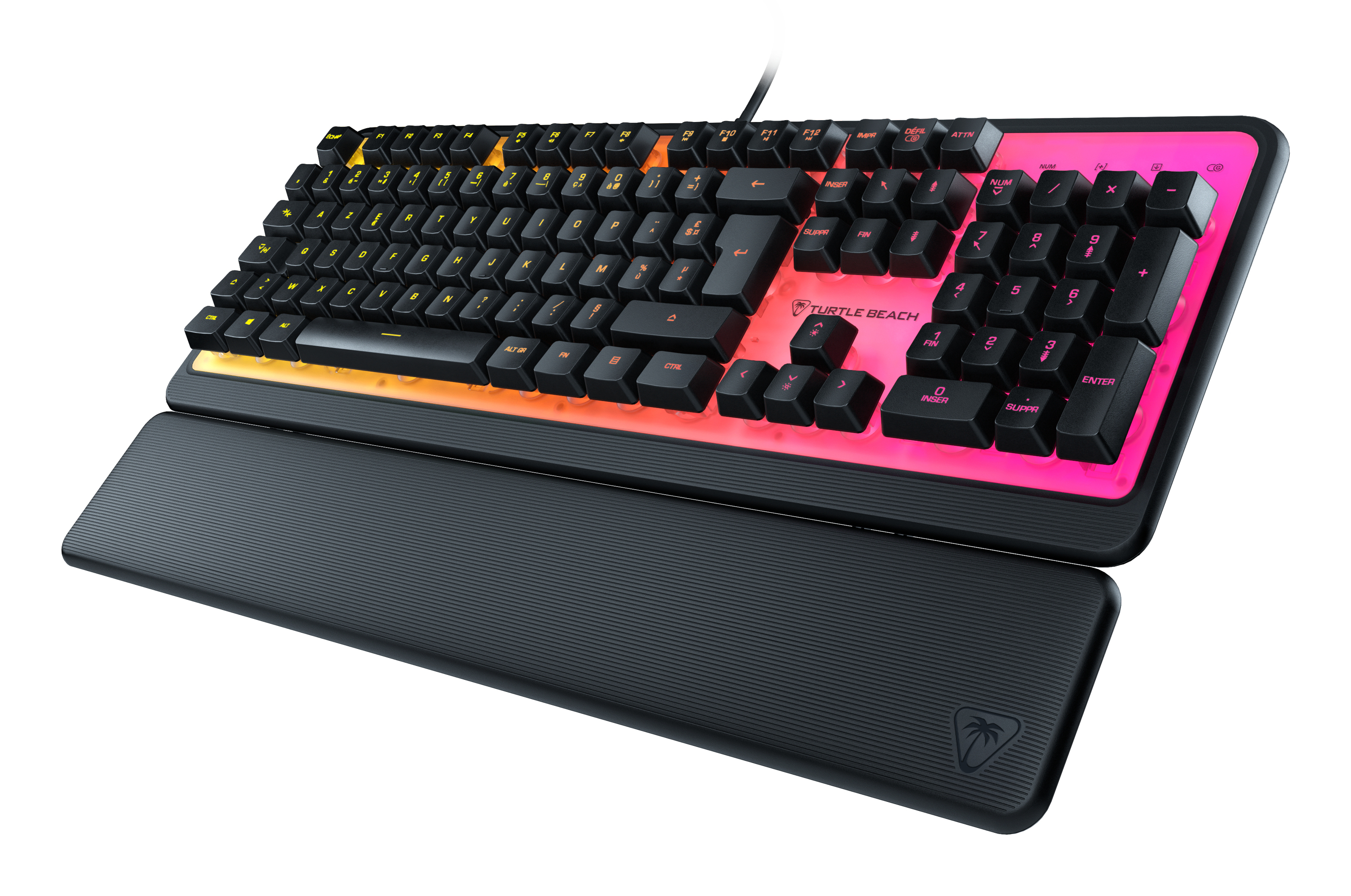 Czarna klawiatura dla graczy z kolorowym podświetleniem i podpórką pod nadgarstek. Klawisze są czarne.