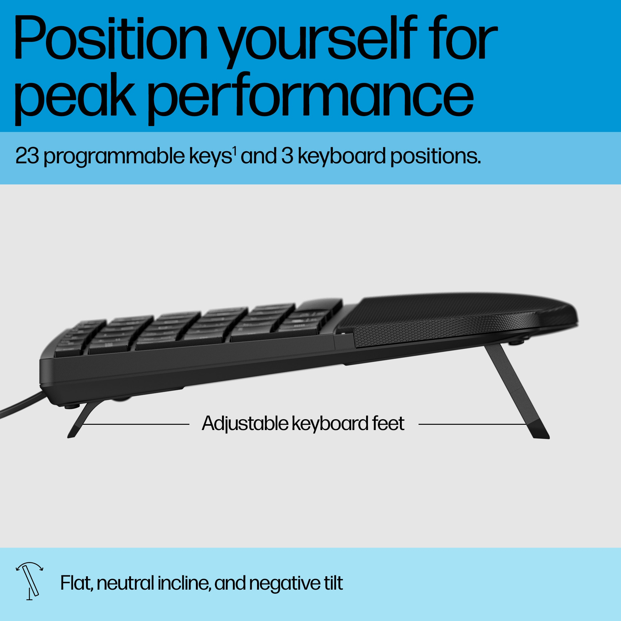 Teclado negro inclinado, con patas ajustables y texto sobre posiciones.