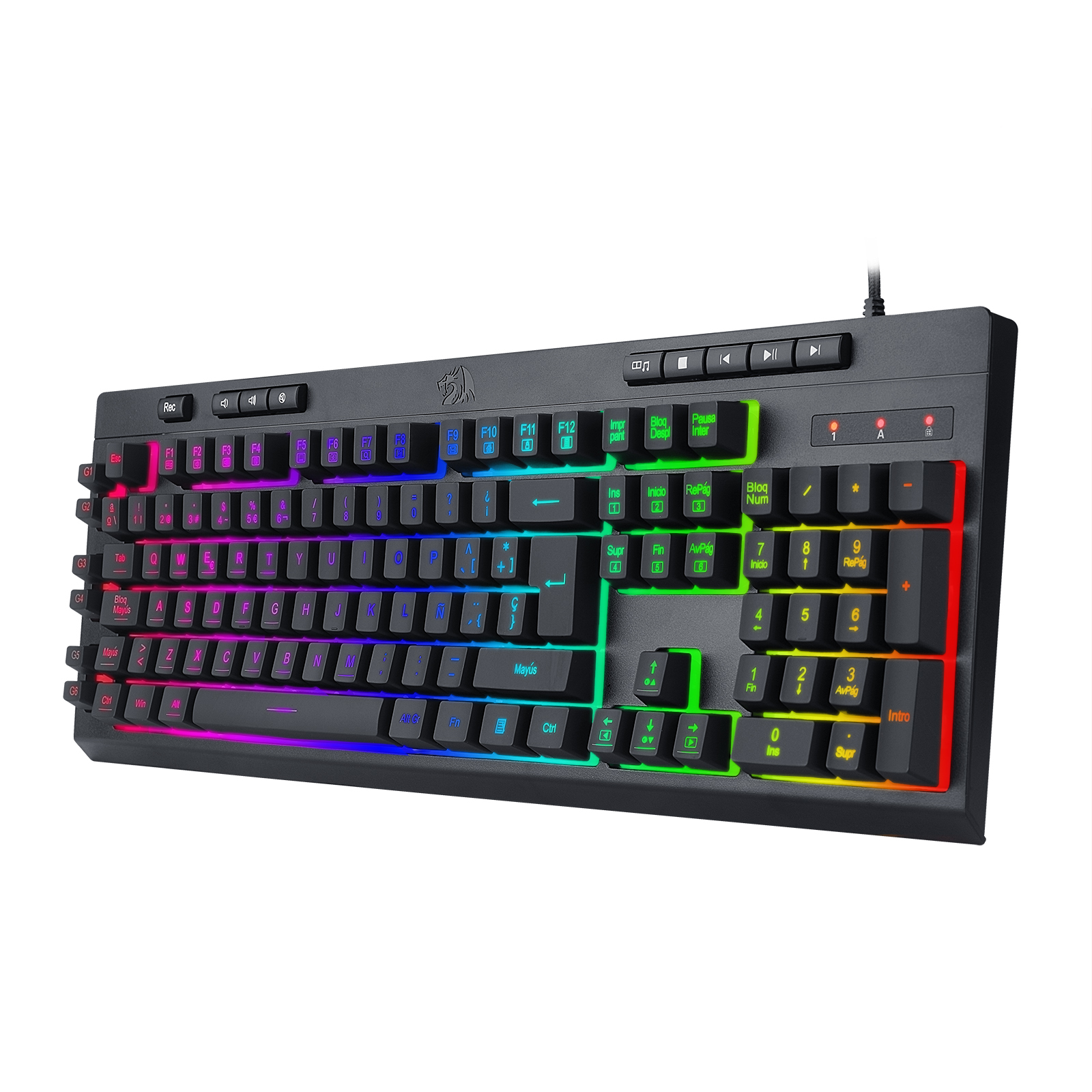 Teclado negro con teclas iluminadas multicolor. Efecto de luz degradado colorido.