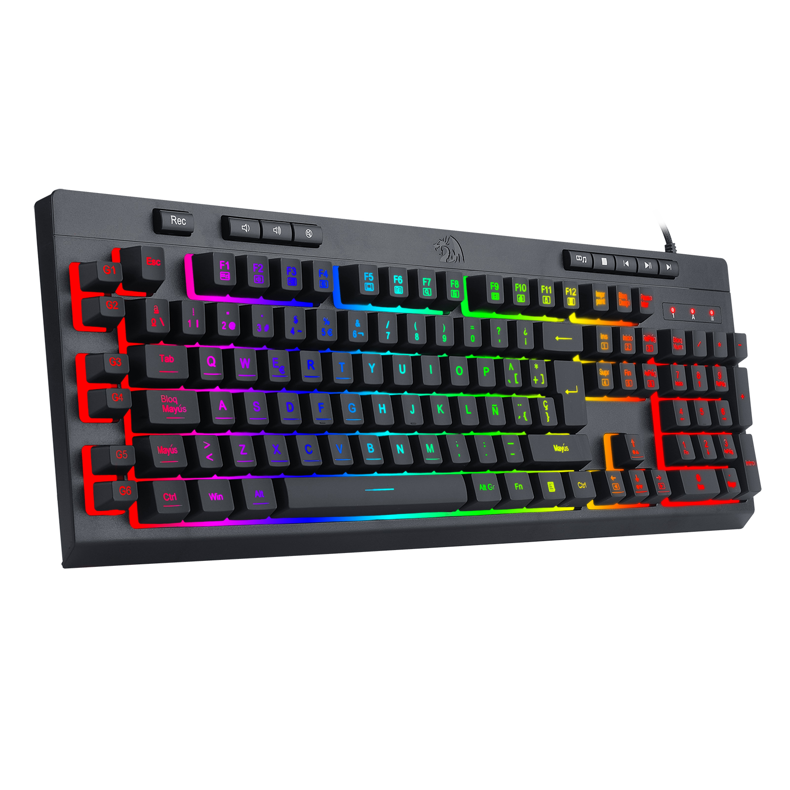 Teclado negro con teclas RGB. Las teclas tienen diferentes colores. El fondo es blanco.