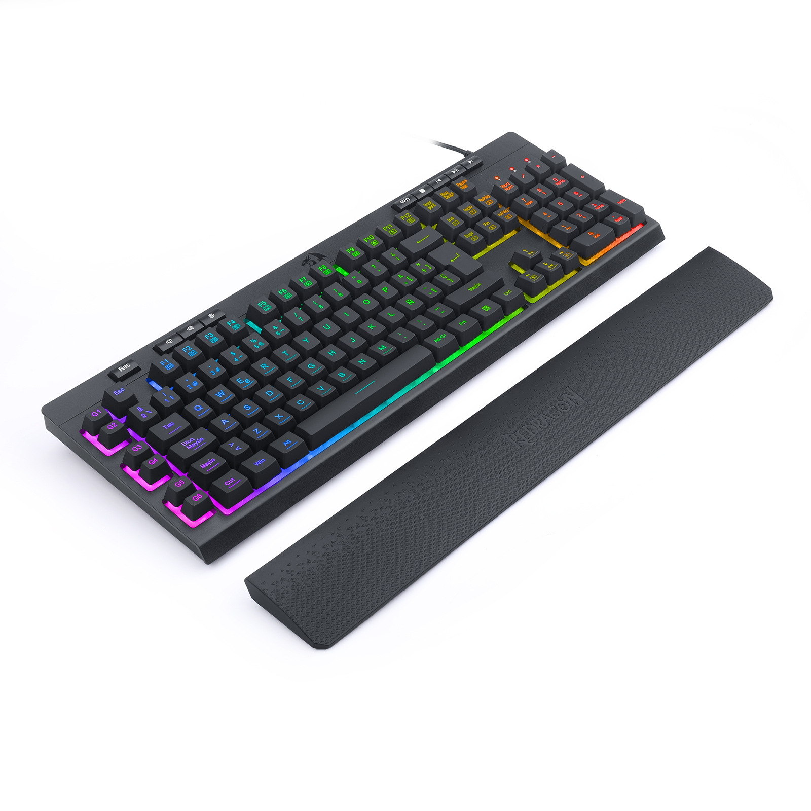 Teclado negro con teclas RGB y reposamuñecas. El fondo es blanco.