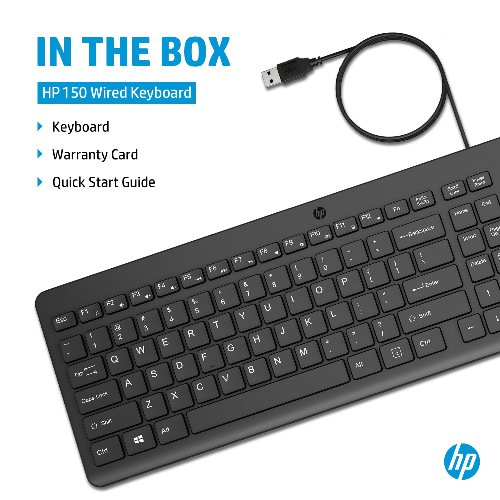 Schwarze kabelgebundene Tastatur mit USB-Kabel, Schnellstartanleitung und Inhalt der Box.