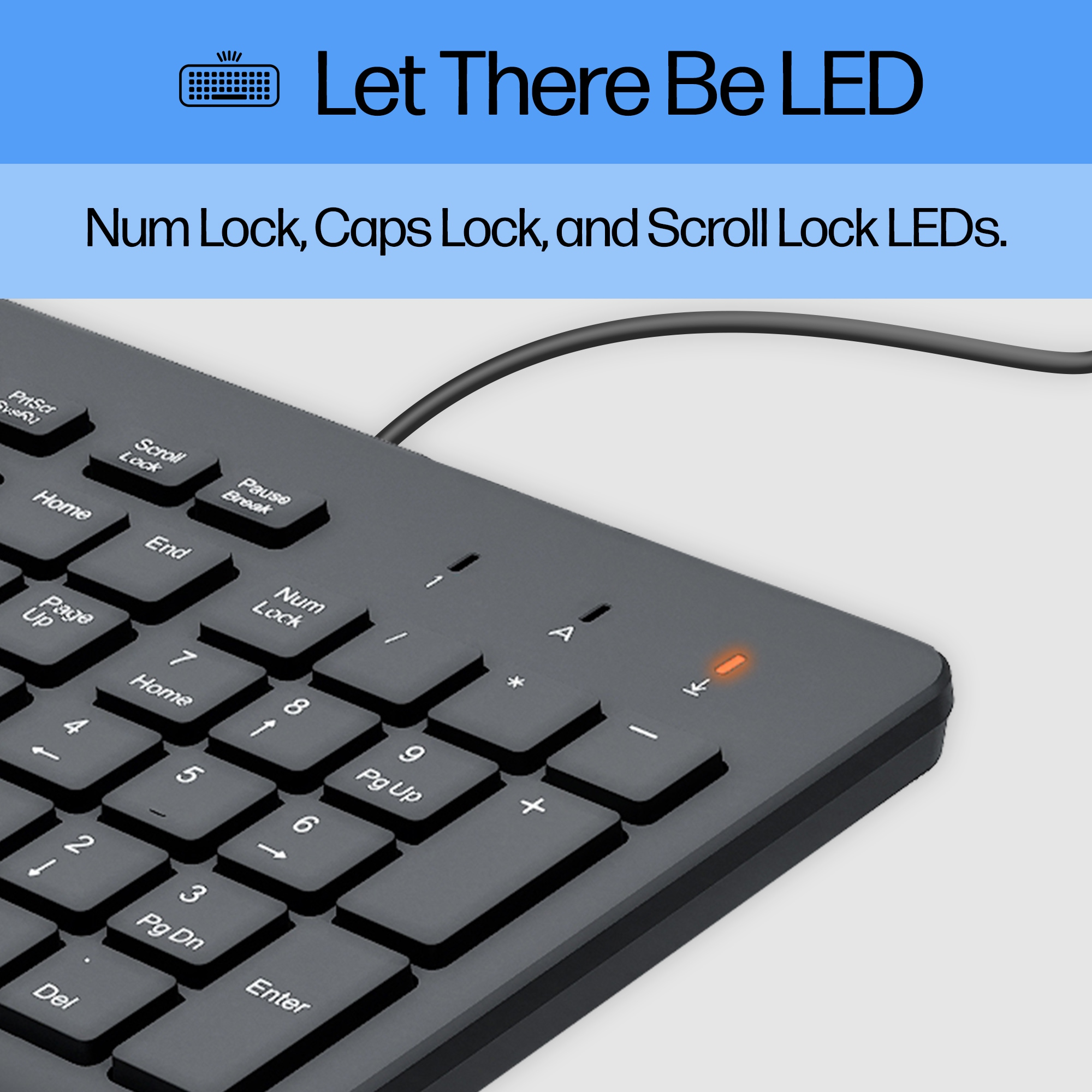 Primer plano de un teclado negro con teclas Num, Mayús y Bloq Despl iluminadas.