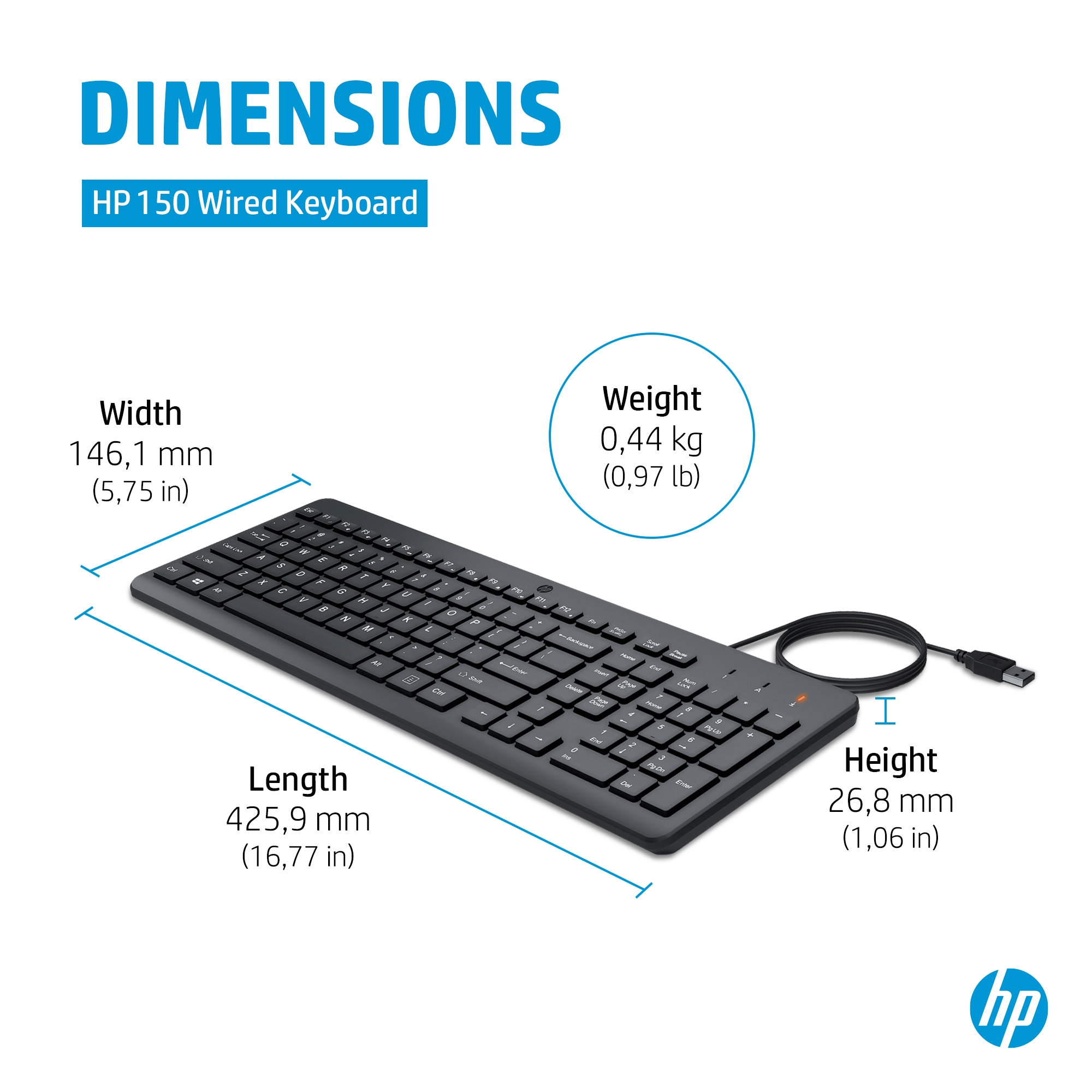 Teclado negro con cable, dimensiones y peso, con el logotipo de HP.