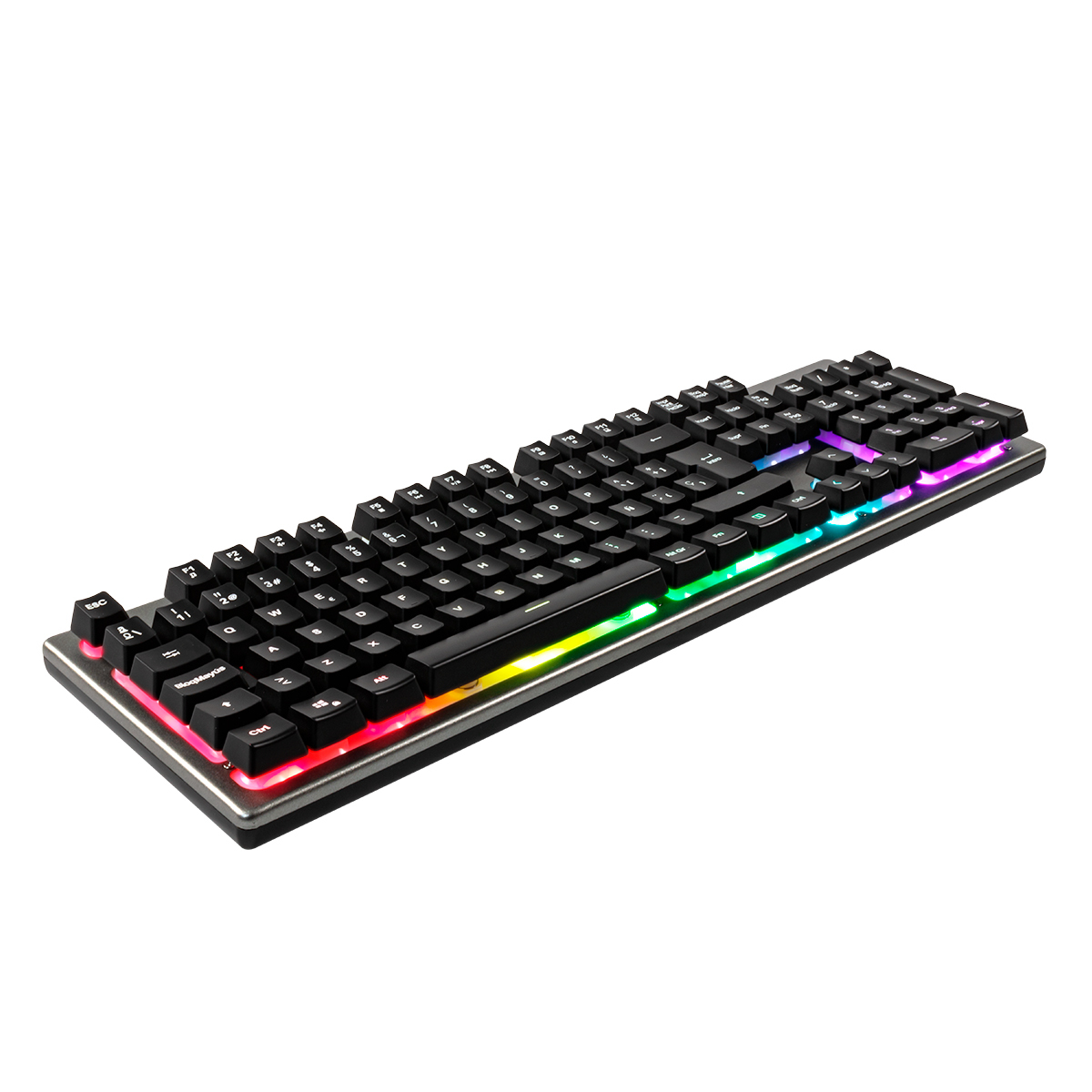 Tastiera nera con luci RGB, con cornice in alluminio. La tastiera ha un logo.