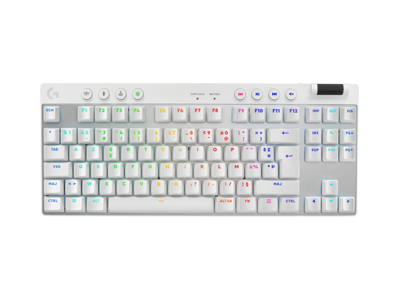 Biała klawiatura Logitech z białymi klawiszami i kilkoma kolorowymi. Bluetooth i inne symbole.