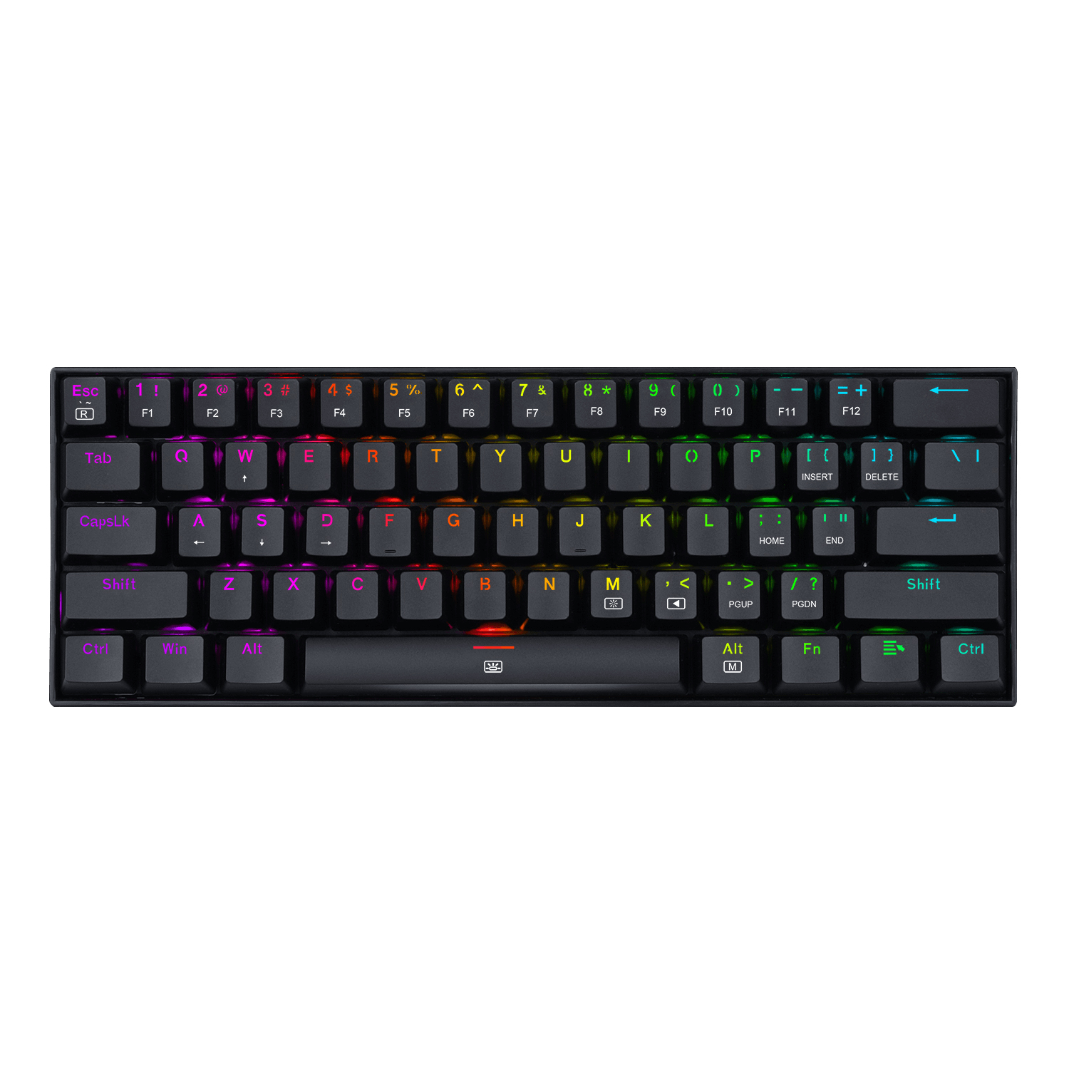 Teclado negro compacto, vista superior. Letras, números y teclas especiales visibles.