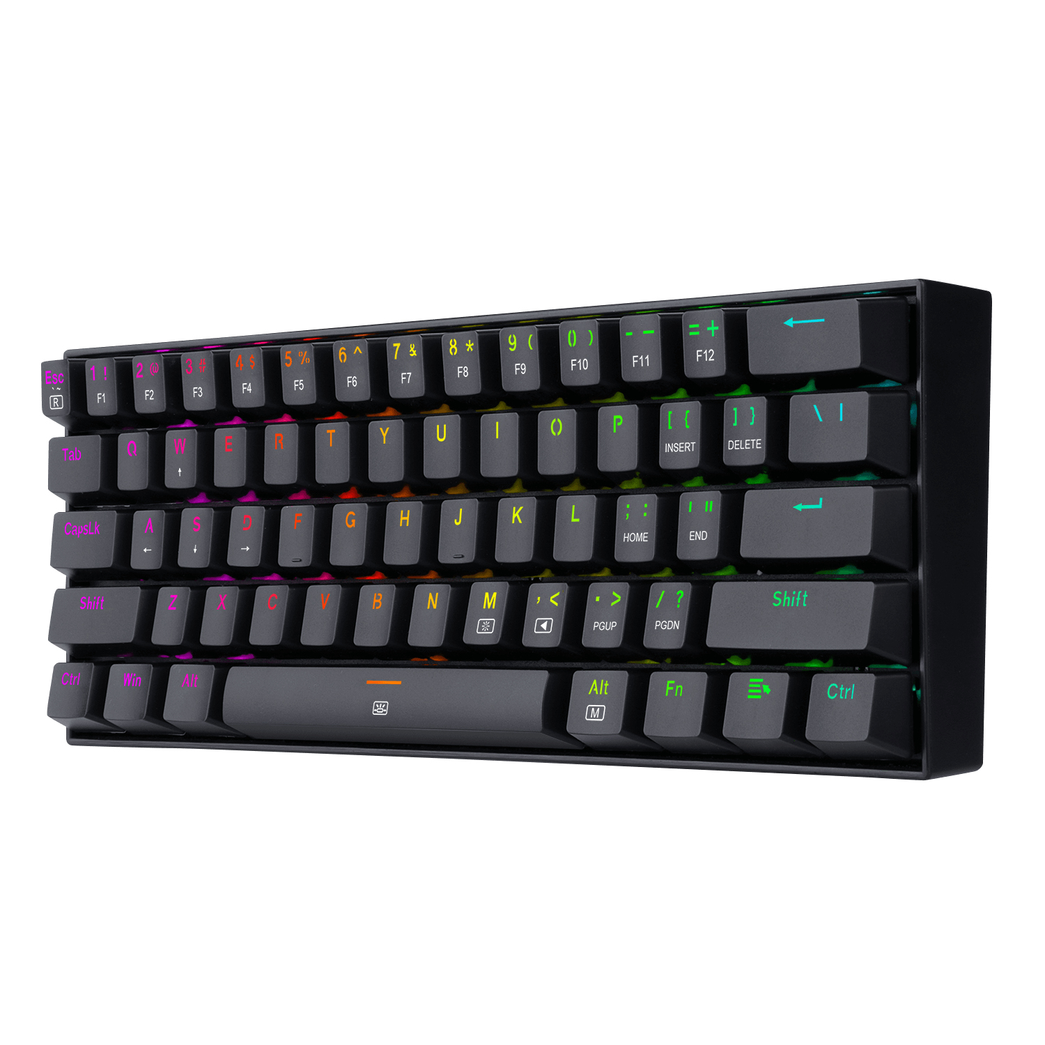 Teclado negro con teclas retroiluminadas RGB. Fondo blanco.