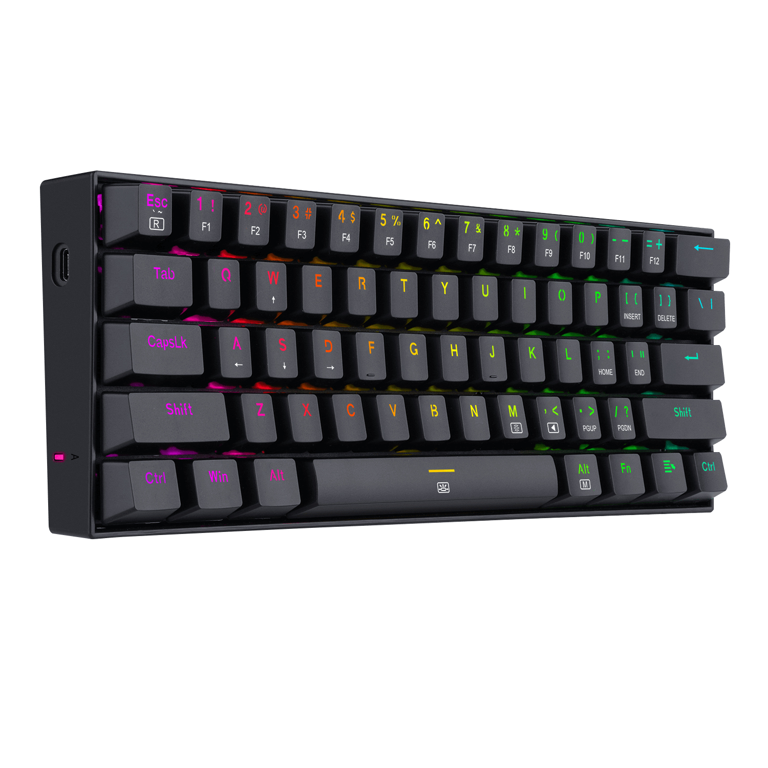 Teclado negro con teclas retroiluminadas RGB. Fondo blanco.
