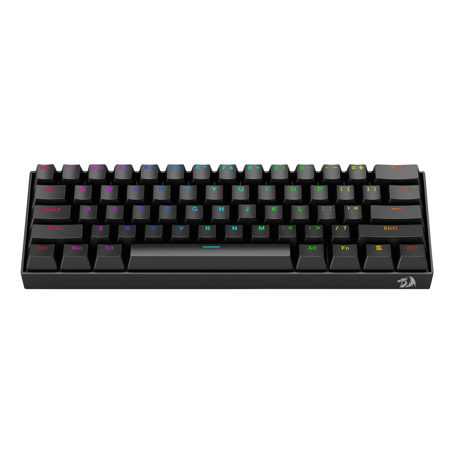 Teclado negro con teclas retroiluminadas RGB. Fondo blanco.
