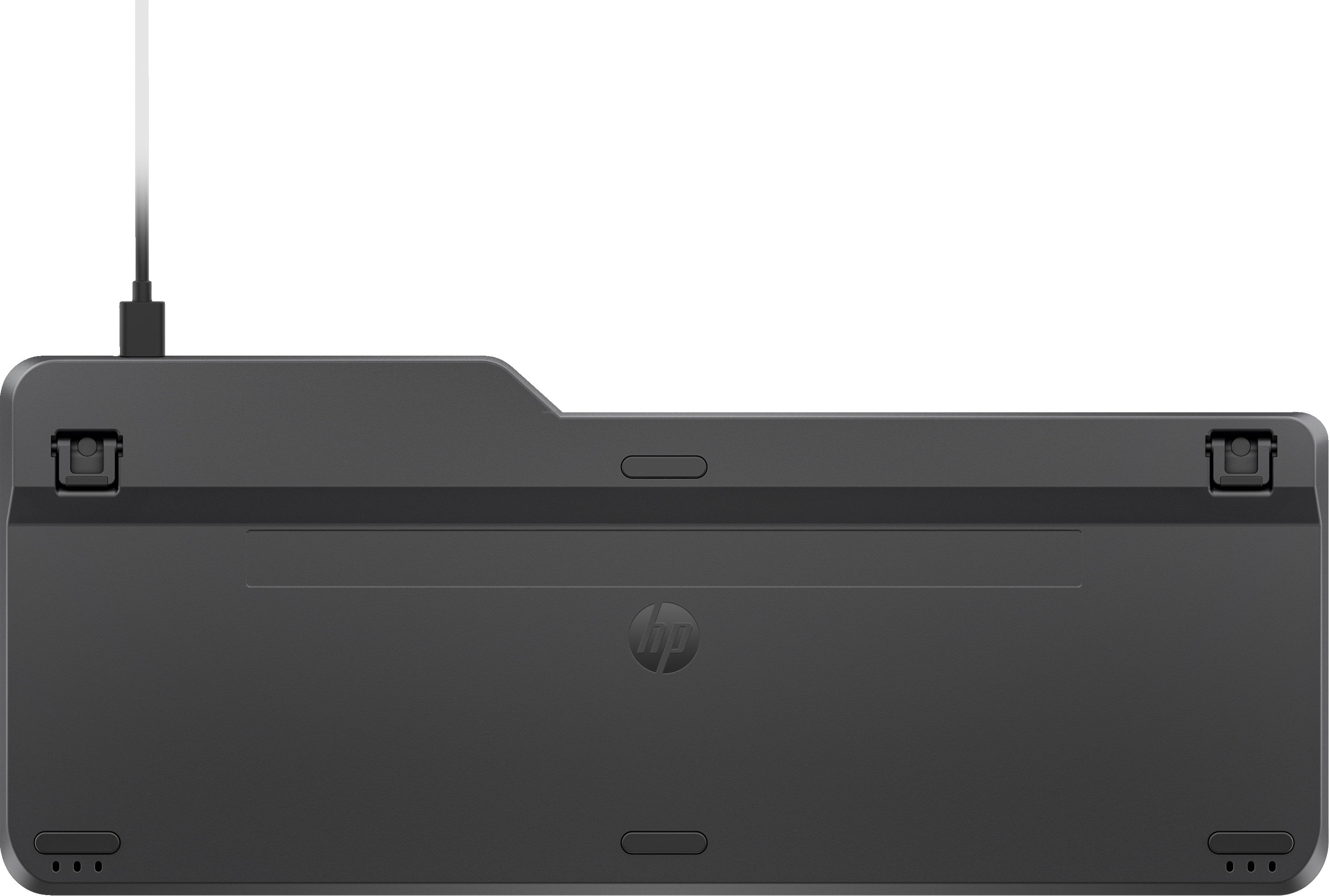 Czarna klawiatura, widok z tyłu. Widoczne logo HP. Zawiera kabel USB.