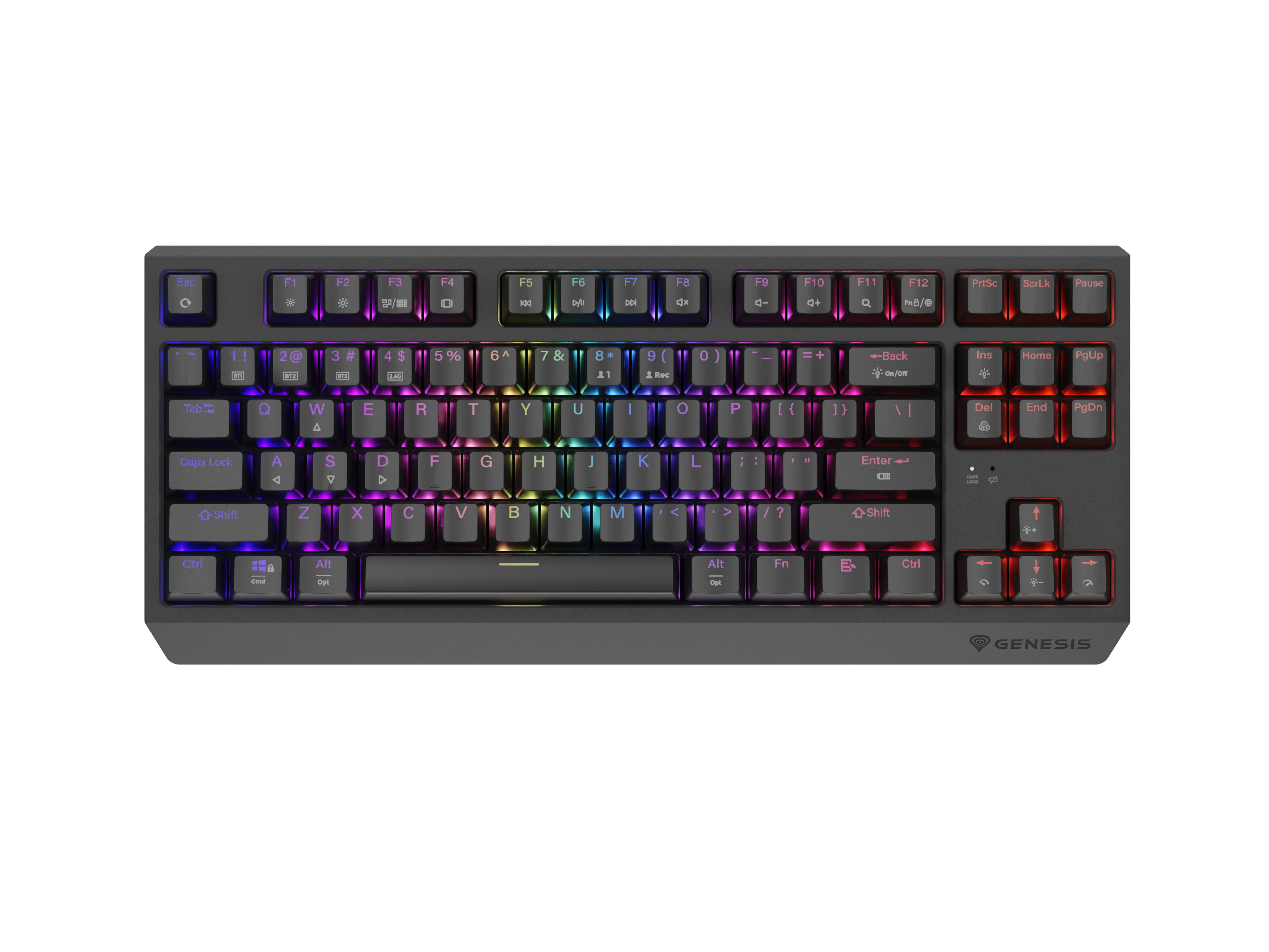 Teclado gaming negro con teclas retroiluminadas, fondo blanco.