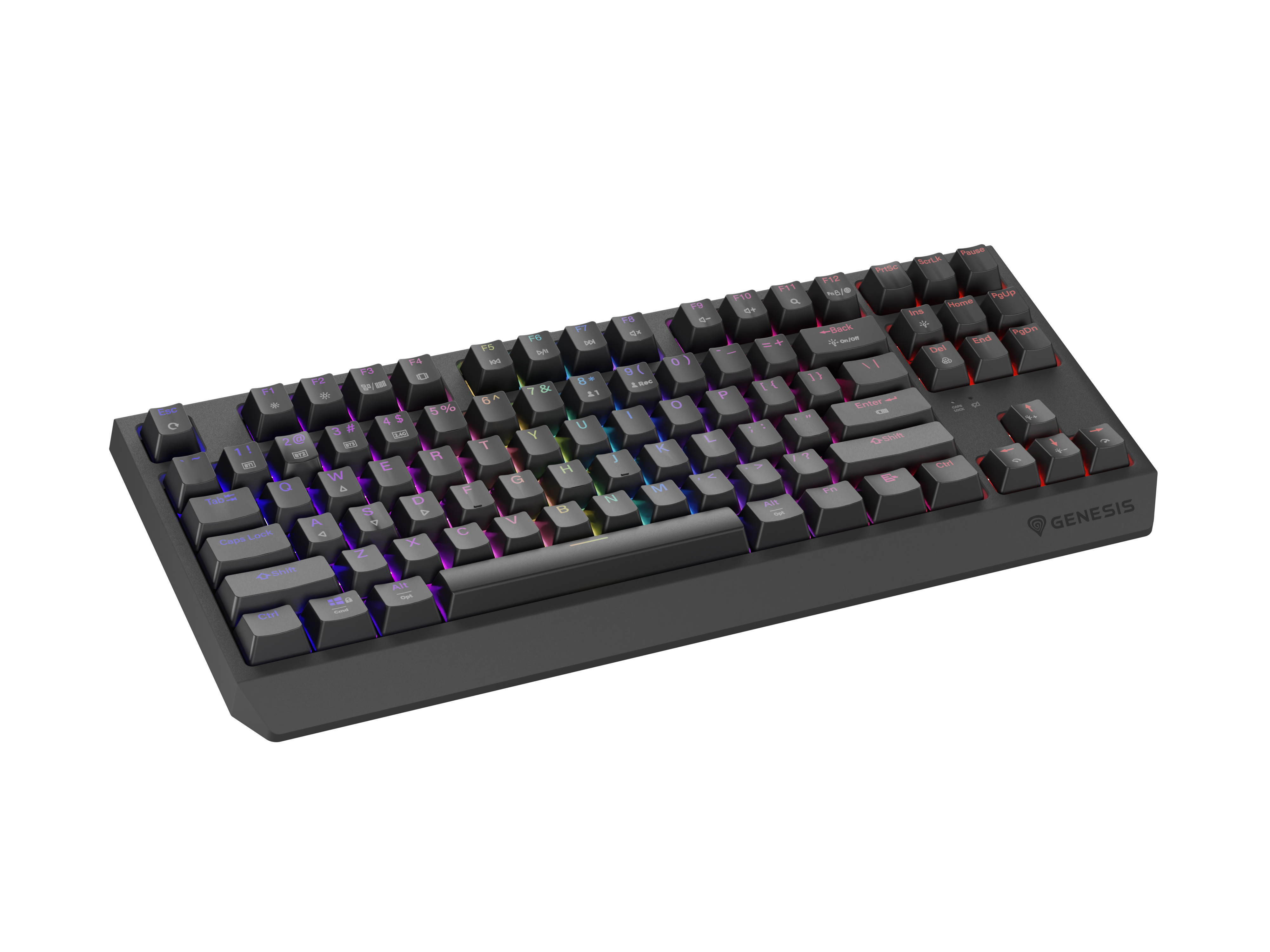 Teclado gaming gris con iluminación RGB. Logotipo Genesis. Las teclas se iluminan en varios colores.
