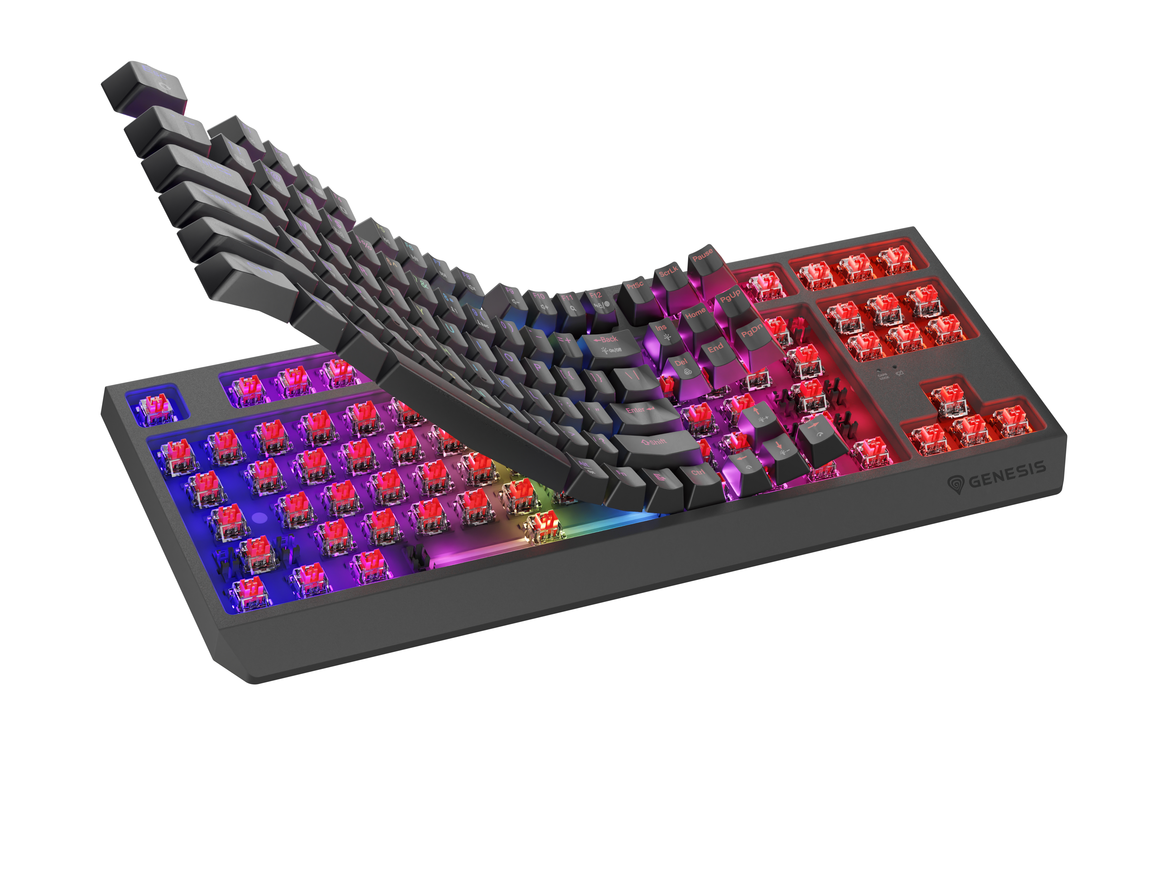 Teclado gaming con RGB. El teclado está parcialmente doblado hacia arriba, mostrando las teclas.