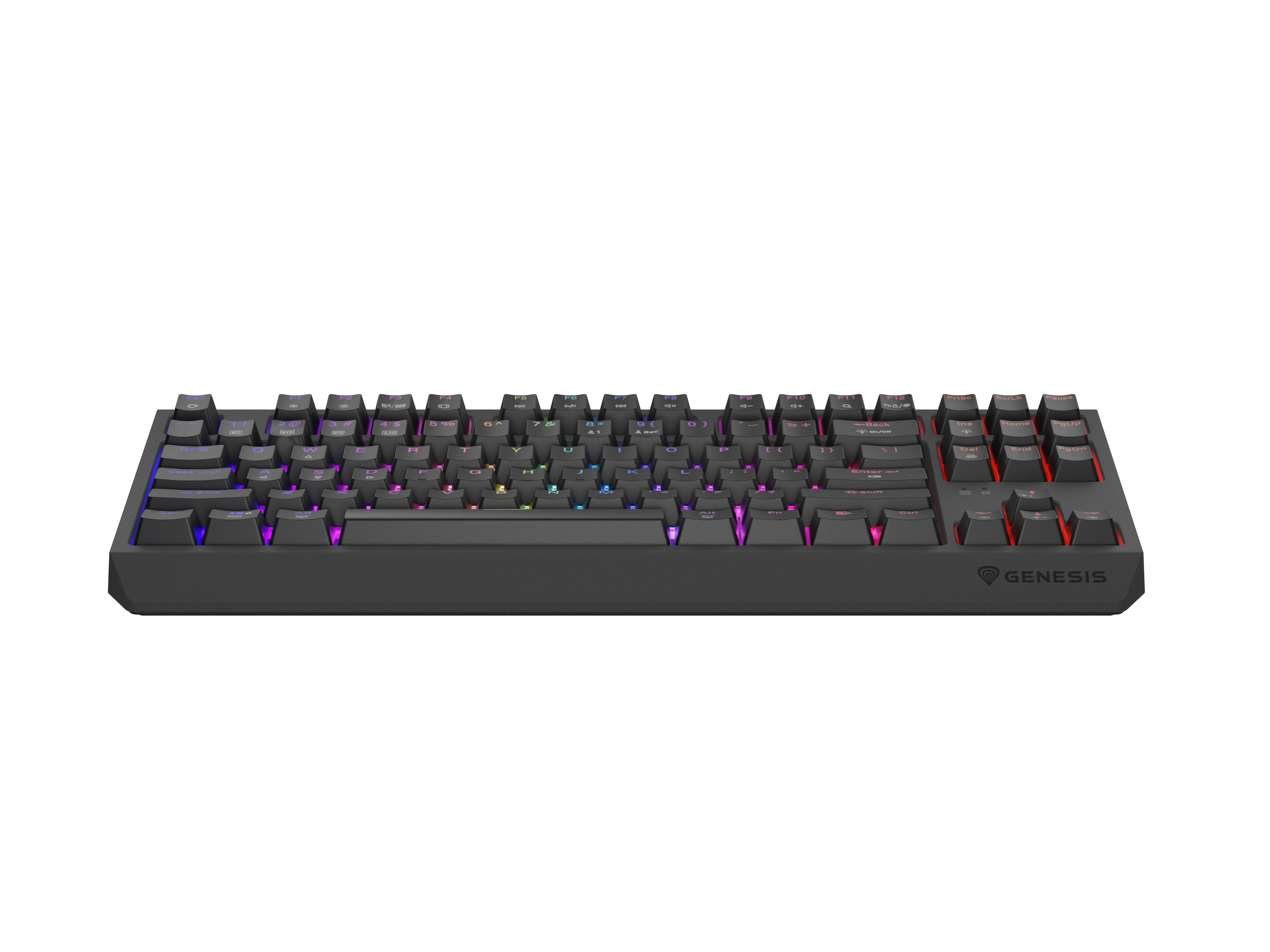Teclado gaming negro con teclas retroiluminadas, fondo blanco.