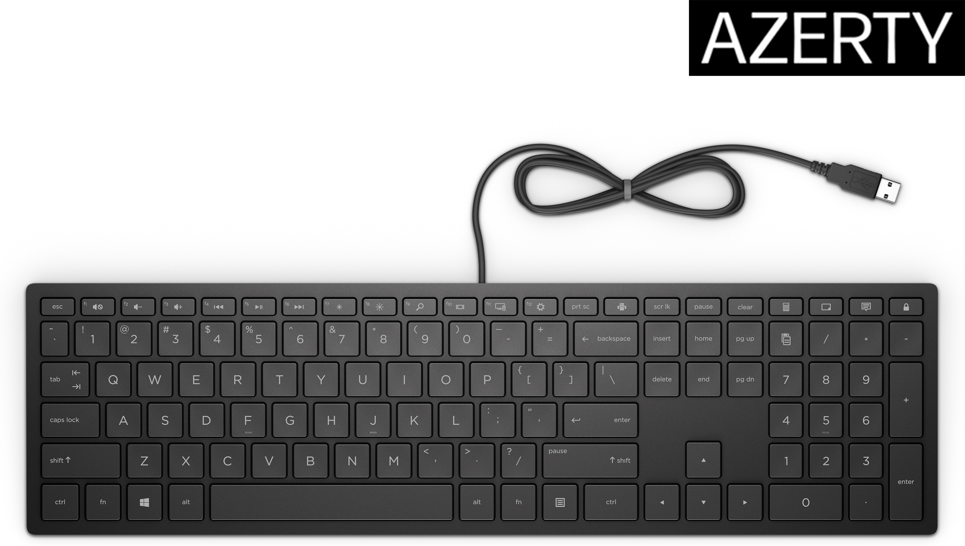 Teclado Azerty negro, vista superior, fondo blanco.