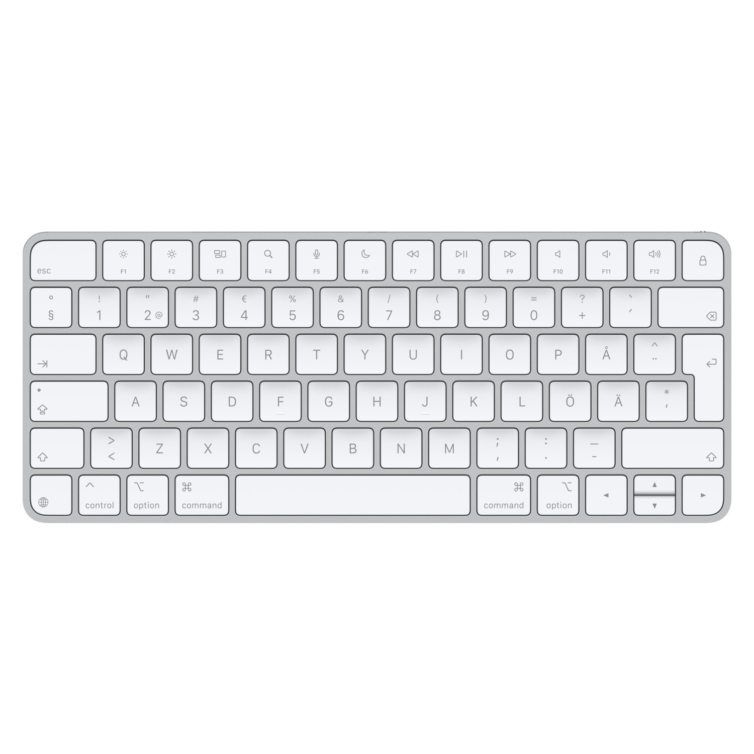 Weiße, minimalistische Tastatur mit flachen Tasten. Apple-Tastatur. Draufsicht.