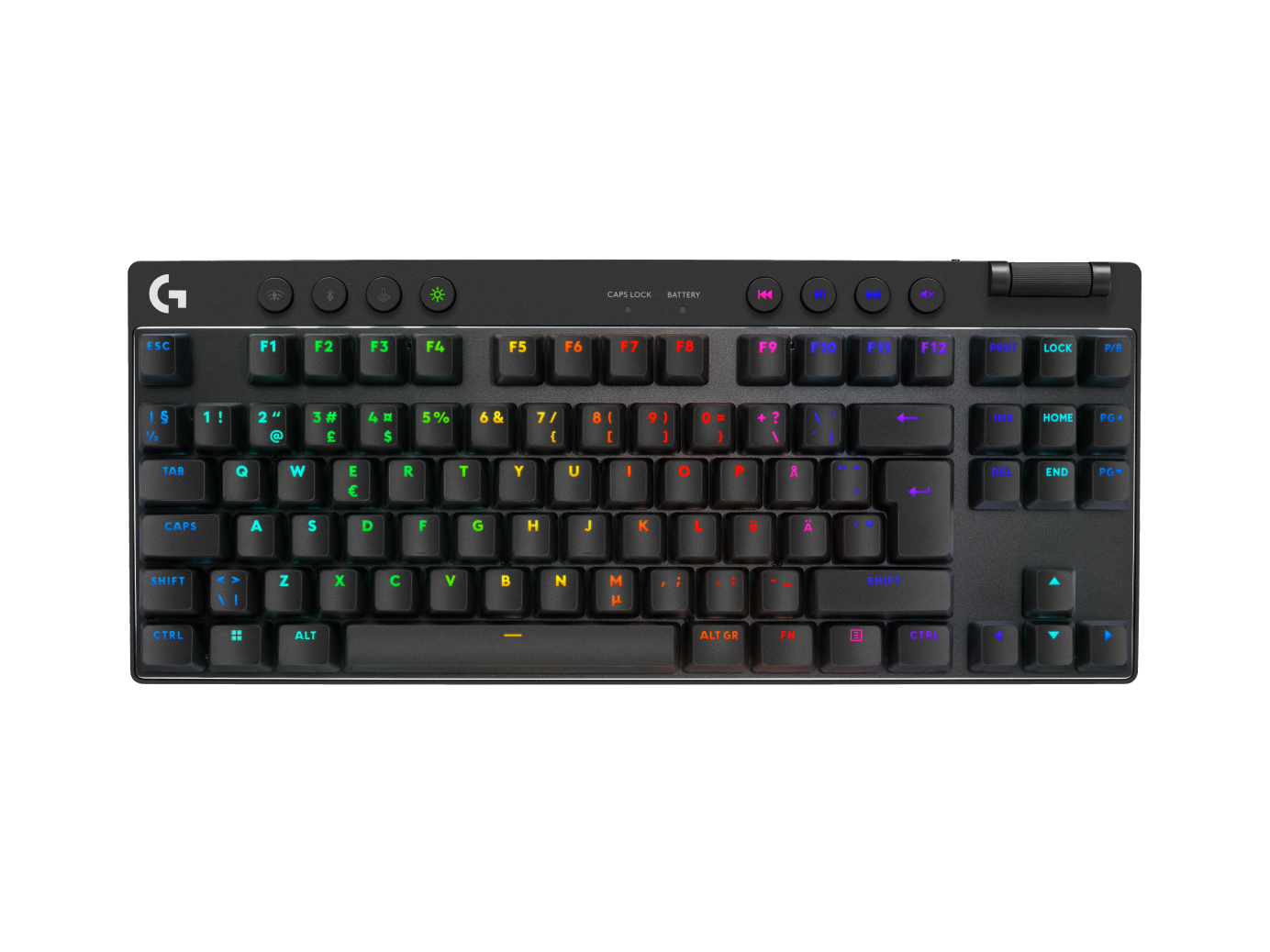 Schwarze Gaming-Tastatur mit Regenbogen-Hintergrundbeleuchtung. G-Logo oben links.