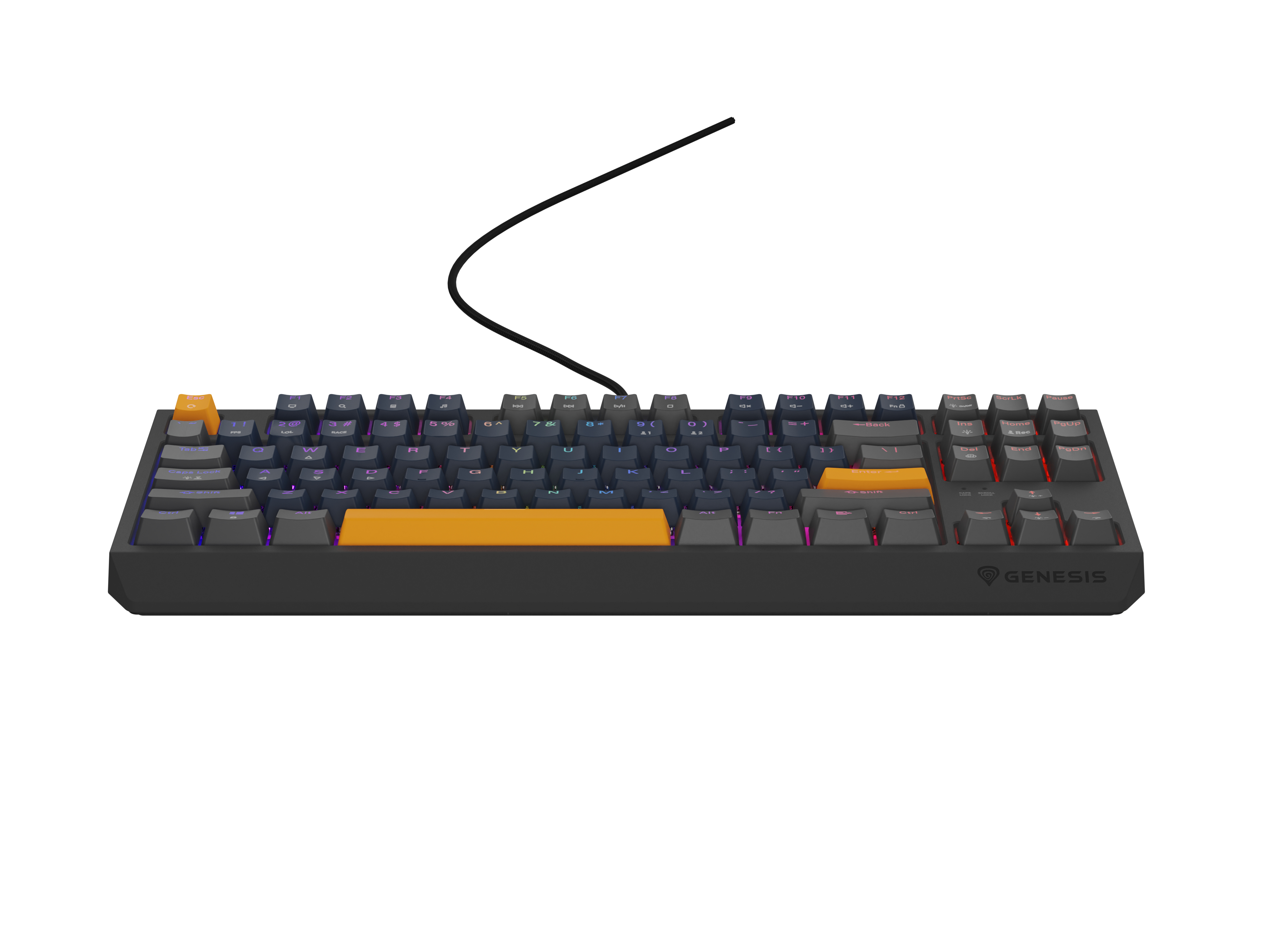Czarna klawiatura z pomarańczowymi klawiszami i czarnym kablem, białe tło. Widoczne logo Genesis.