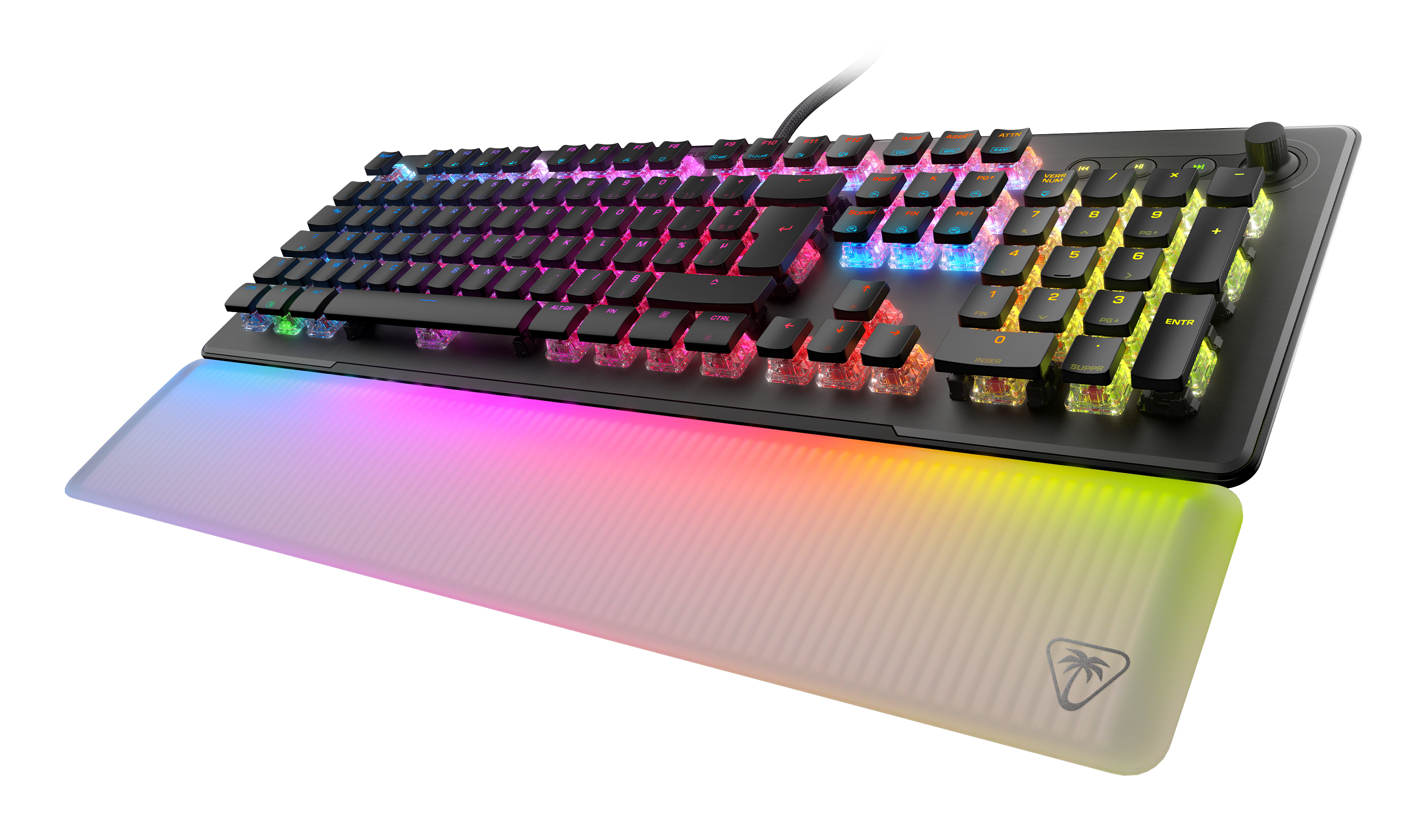 Czarna klawiatura z podświetleniem RGB i biało-różową podpórką pod nadgarstek na białym tle.