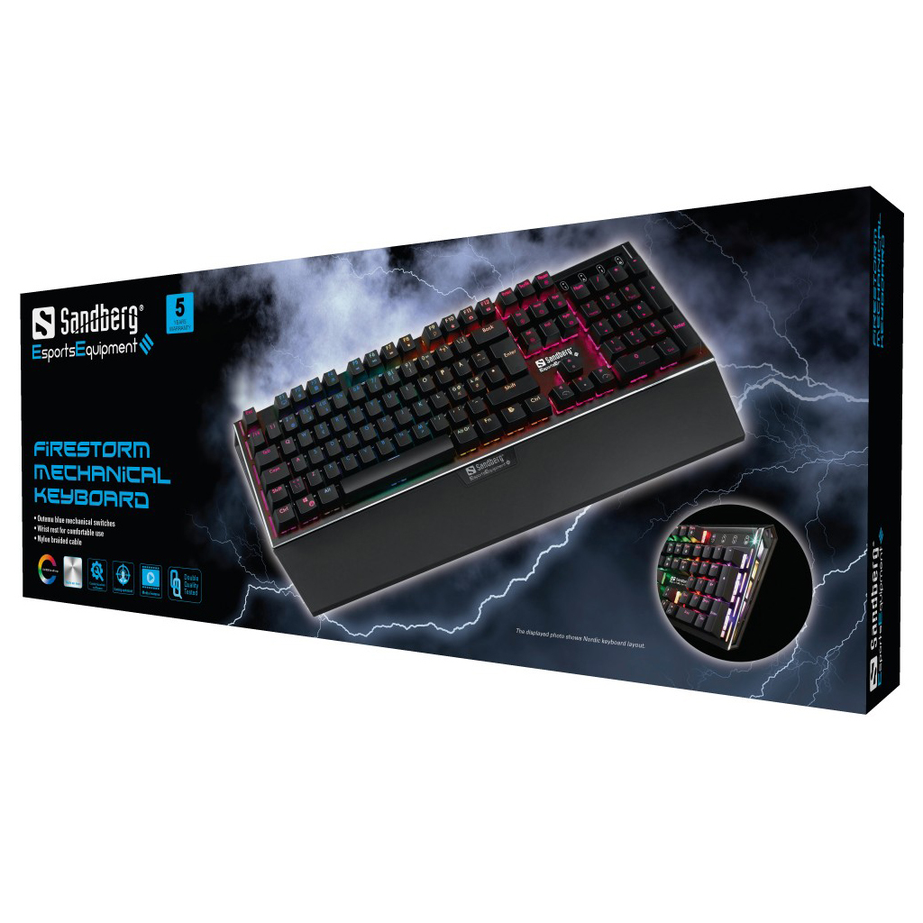 Tastatur in einer Schachtel mit dem Text „FIRESTORM MECHANICAL KEYBOARD“ und Bildern der Tastatur.