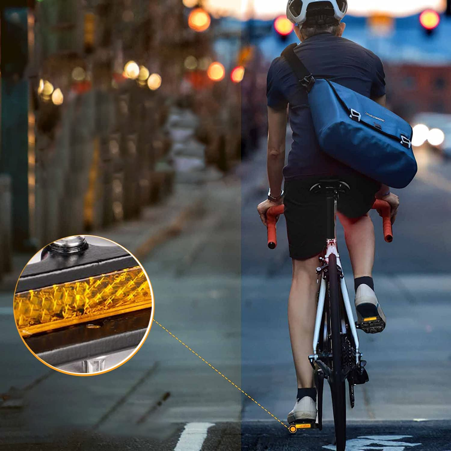 Mann fährt Fahrrad mit Pedalbeleuchtung. Nahaufnahme der Pedale mit gelben Lichtern. Nachtszene.