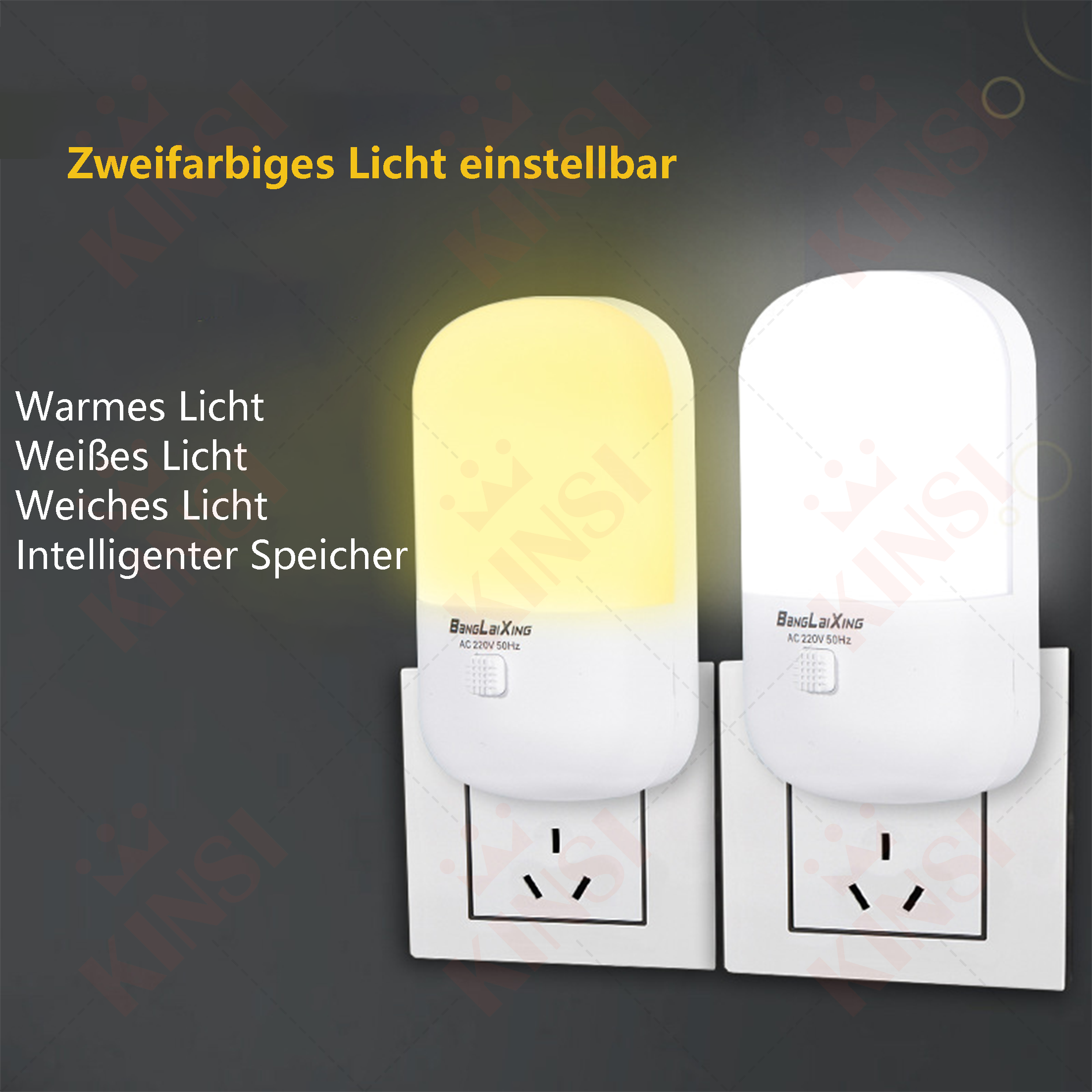 Zwei weiße Nachtlichter in Steckdosen eingesteckt. Eines ist gelb, das andere weiß.