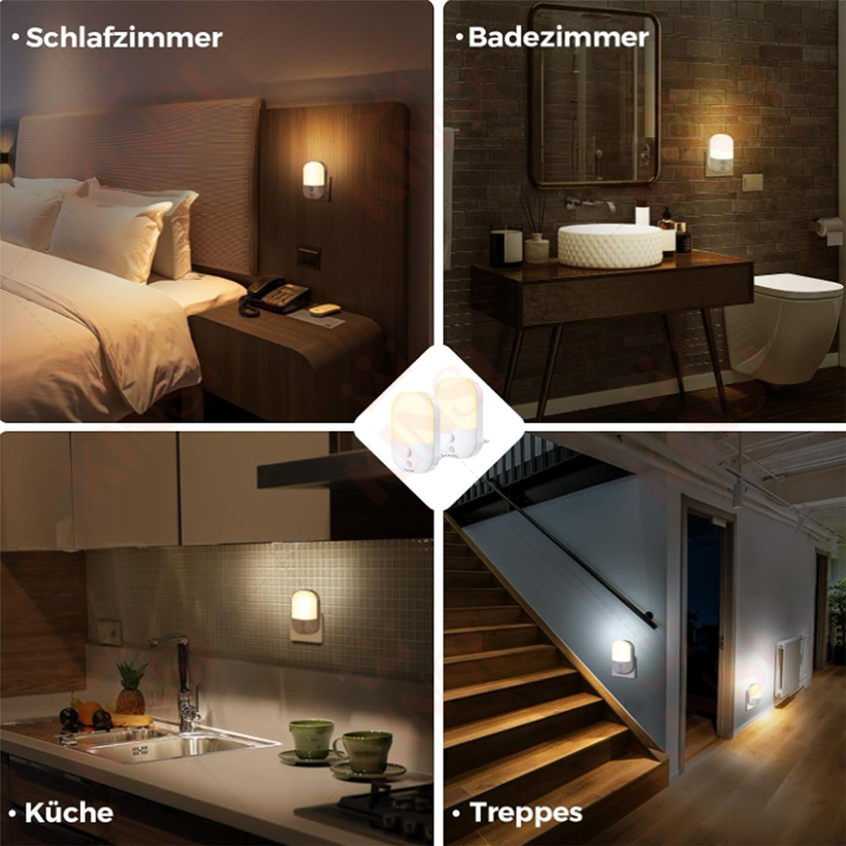 Szenen von Nachtlichtern in Schlafzimmern, Badezimmern, Küchen und Treppenhäusern.