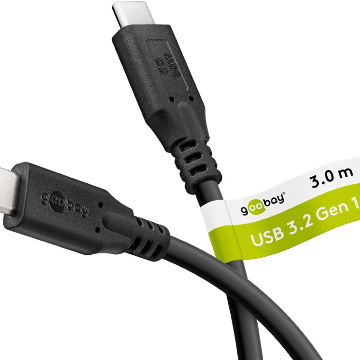 Cavo USB-C nero con connettori e etichetta verde e bianca.