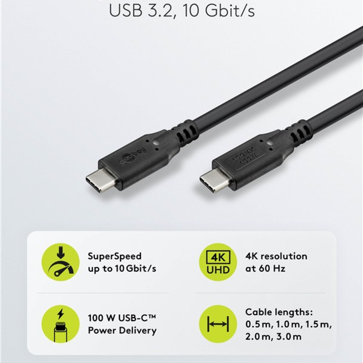 Cavi USB-C con caratteristiche e info. Lunghezze dei cavi mostrate.