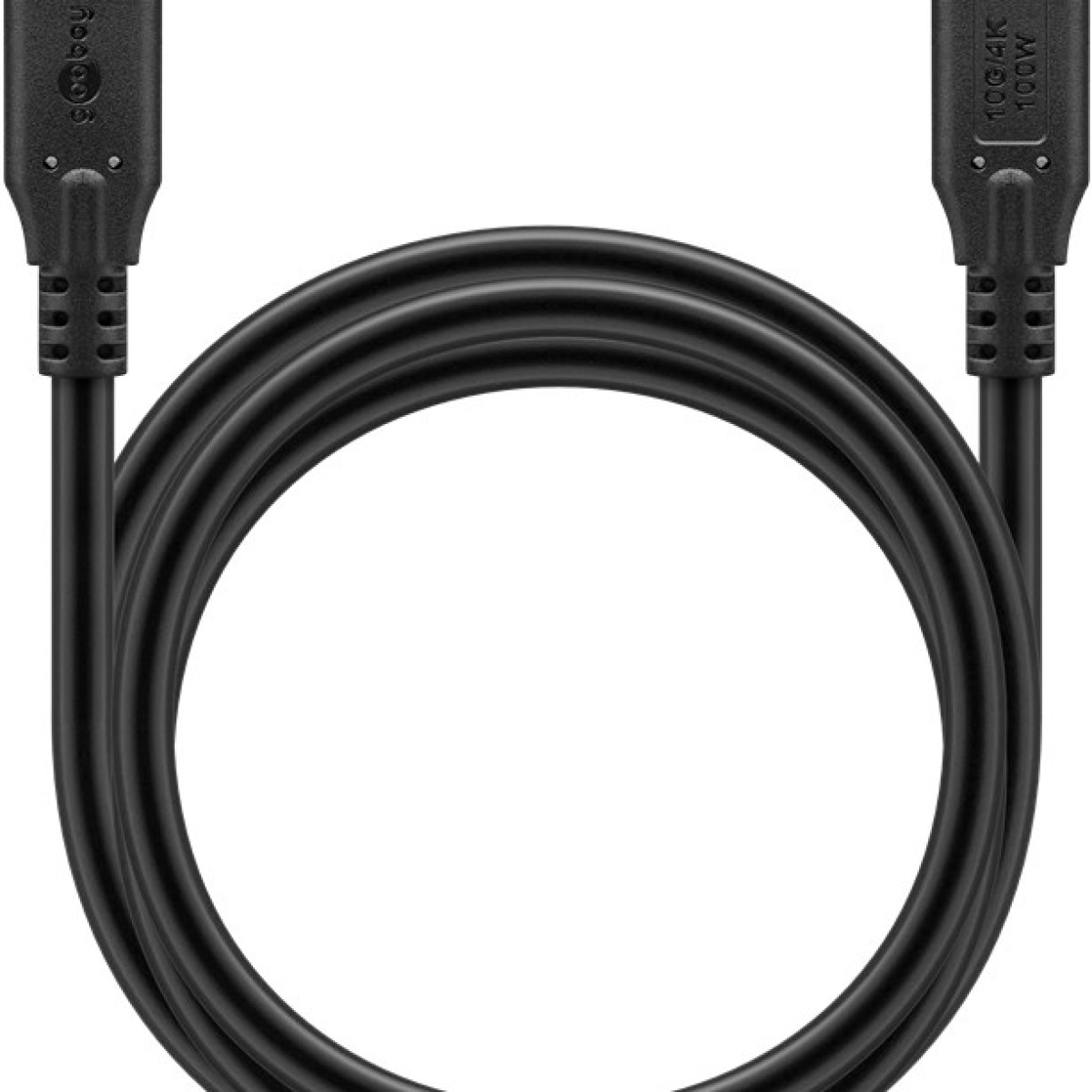 Schwarzes USB-C-Kabel mit Anschlüssen an beiden Enden, in einer Schleife.