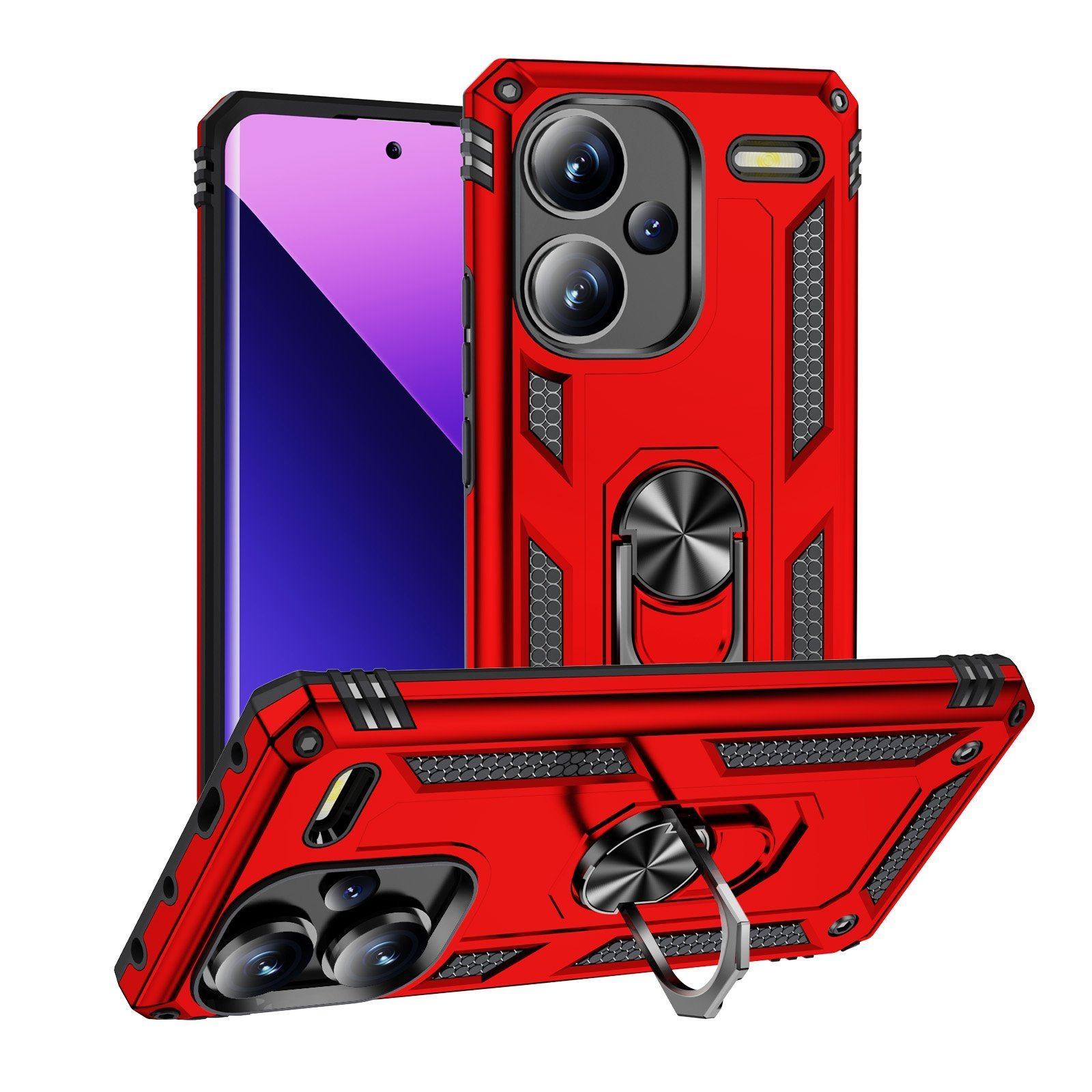 Funda roja con soporte de anillo, pantalla del teléfono visible. Tres ángulos, fondo blanco.