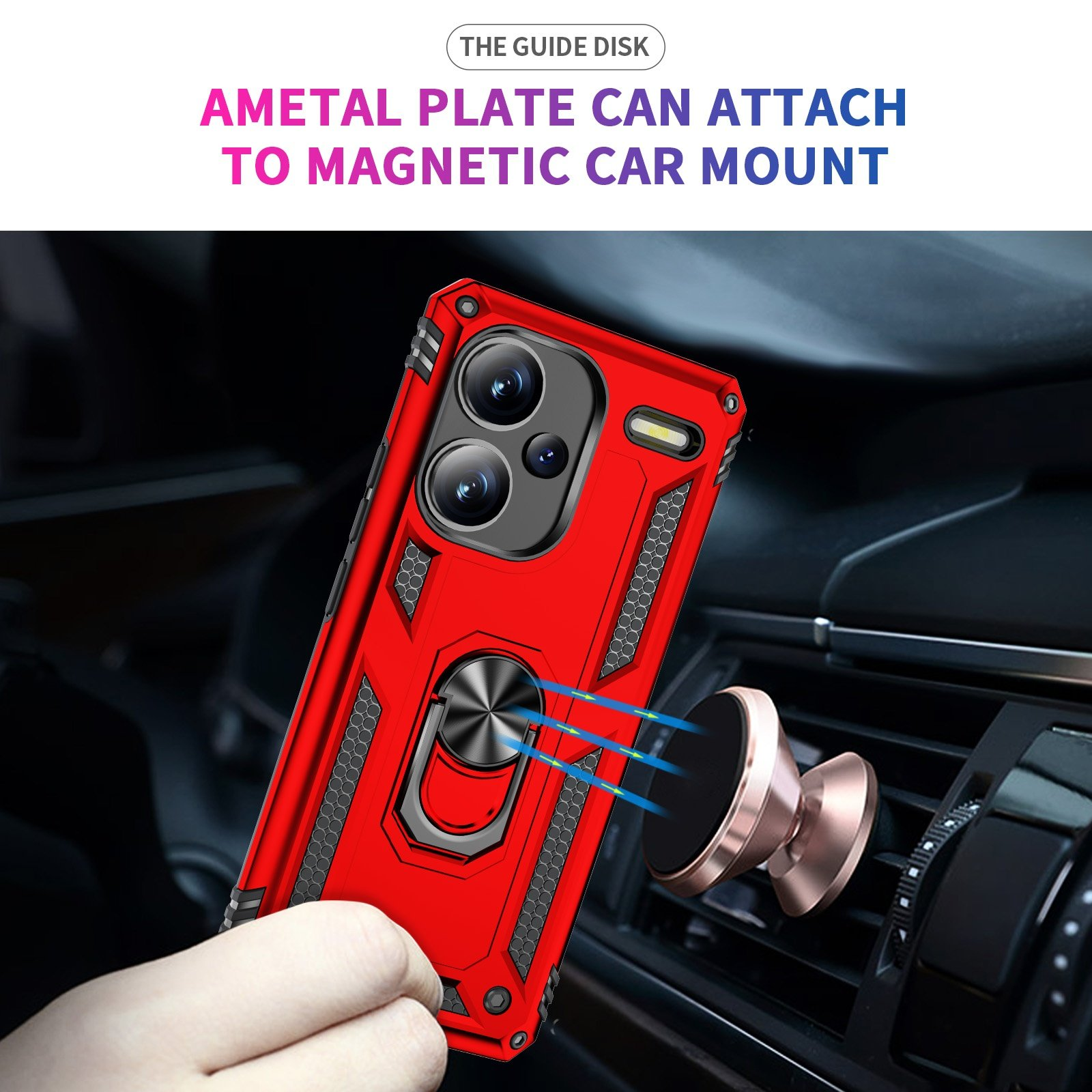 Funda roja en coche, cerca de ventilación. Soporte magnético con líneas magnéticas azules.
