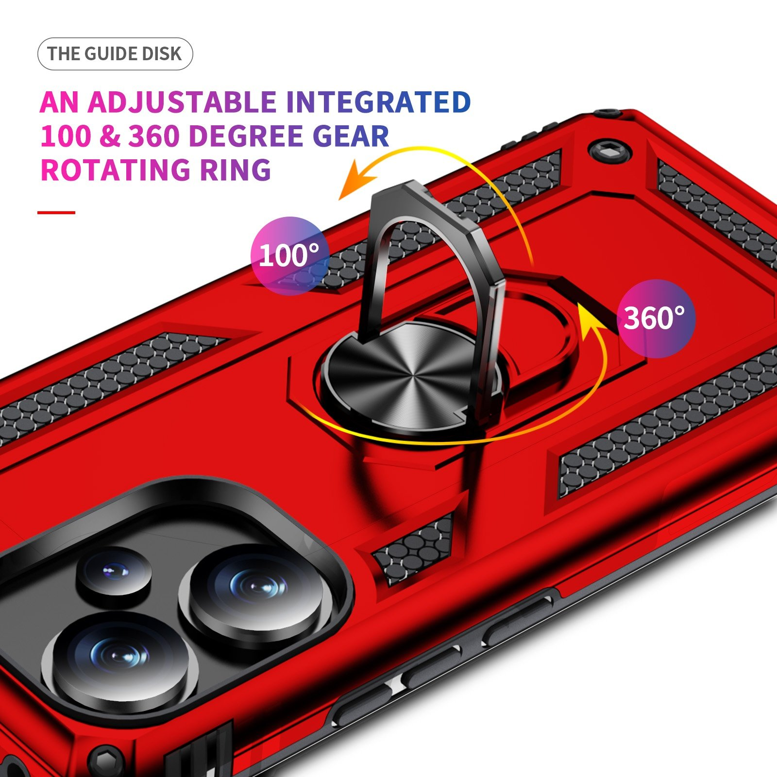 Funda roja con anillo giratorio ajustable 100 y 360 grados. La cámara es visible.
